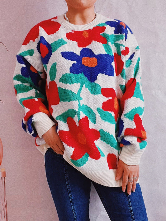 Floral Print Round Neck Drop Shoulder Sweater Trendsi