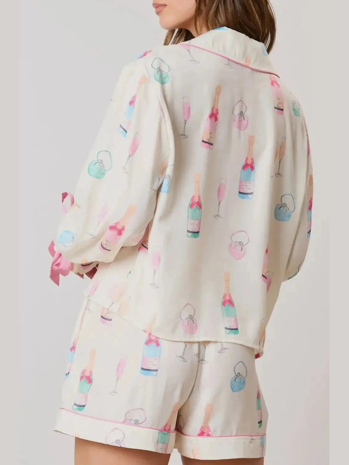 Bow Printed Collared Neck Top and Drawstring Shorts Lounge Set nicholesgifts