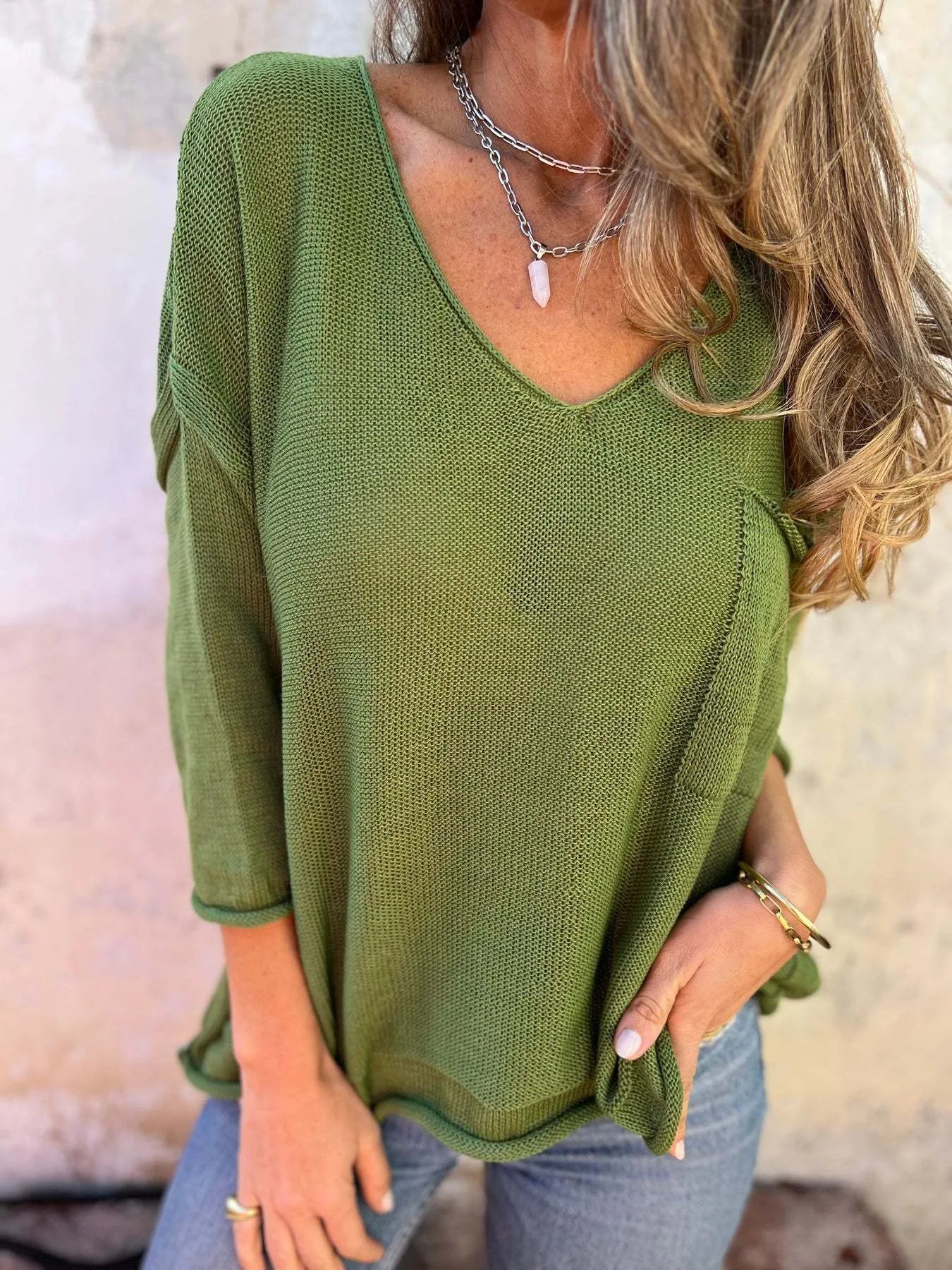 Full Size Casual V-Neck Knit Sweater Plus Size Trendsi