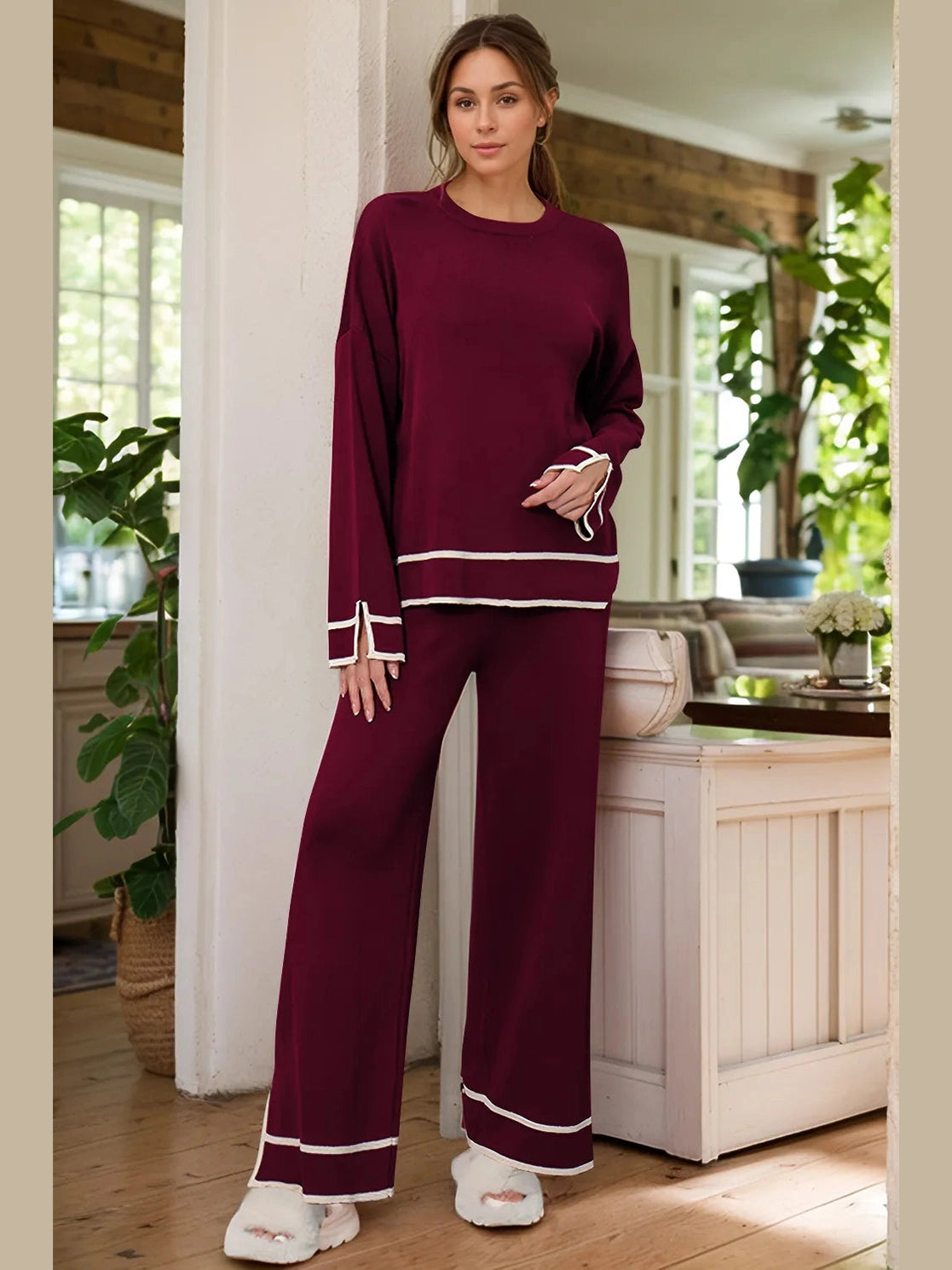 High-Low Round Neck Top and Pants Sweater Set nicholesgifts