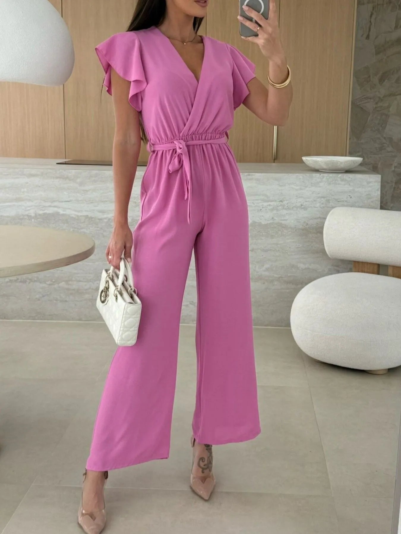 Surplice Wide Leg Belted Jumpsuit nicholesgifts