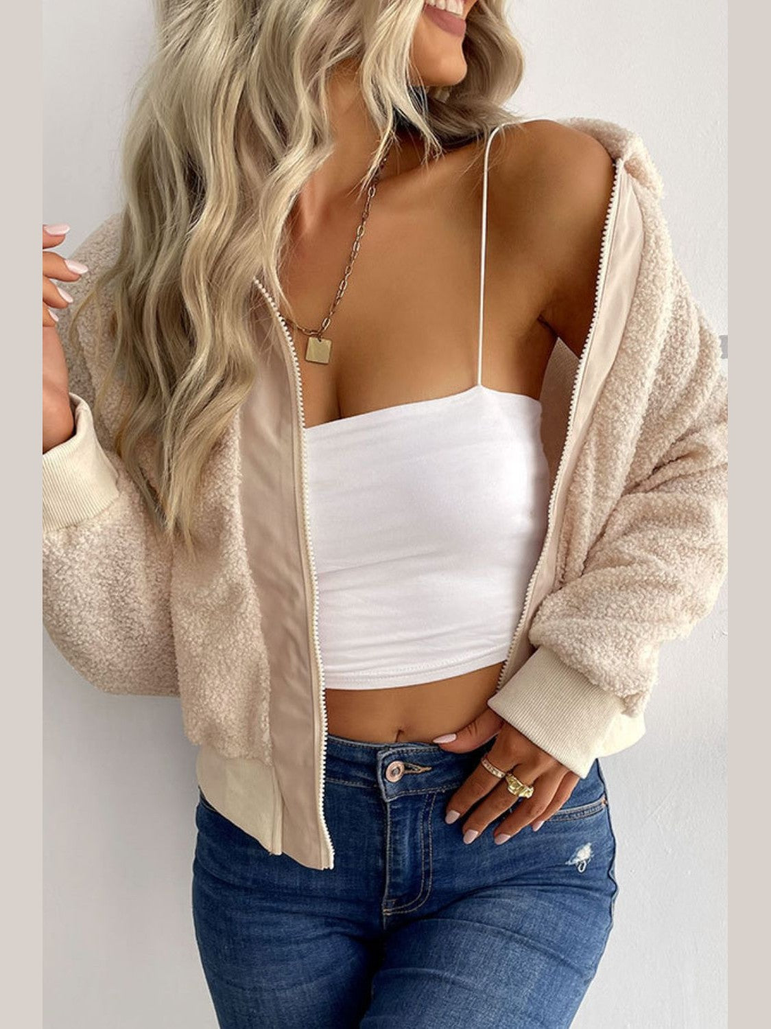 Perfee Zip-Up Sherpa Collared Neck Jacket with Pockets nicholesgifts