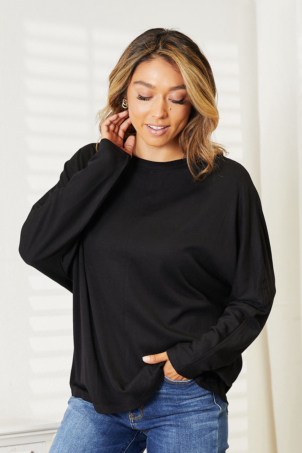 Double Take Seam Detail Round Neck Long Sleeve Top NicholesGifts