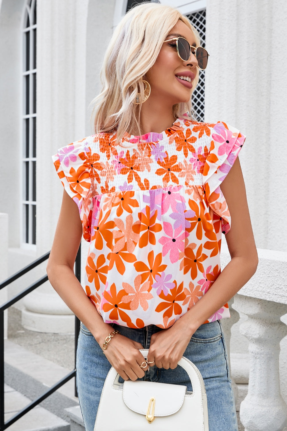 Printed Round Neck Cap Sleeve Blouse nicholesgifts