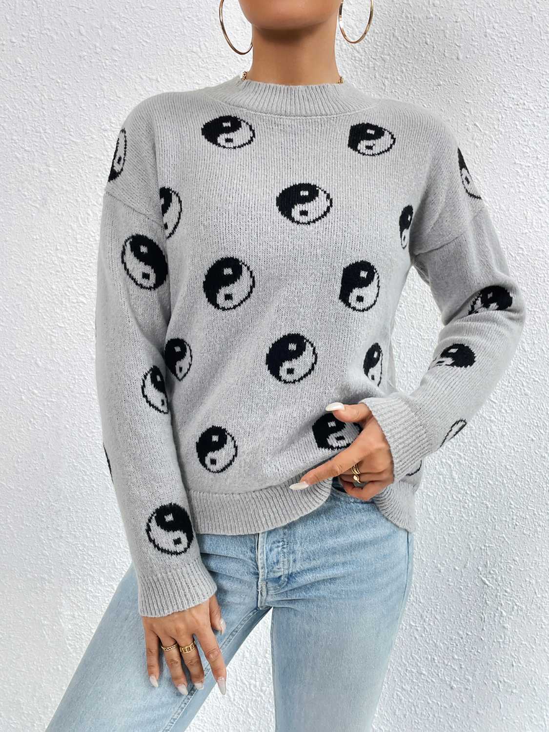 Patterned Drop Shoulder Sweater Trendsi
