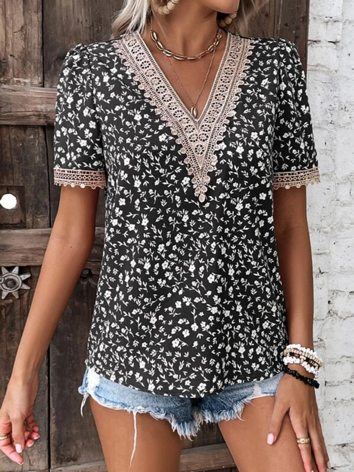 Women Full Size Printed V-Neck Short Sleeve Blouse nicholesgifts