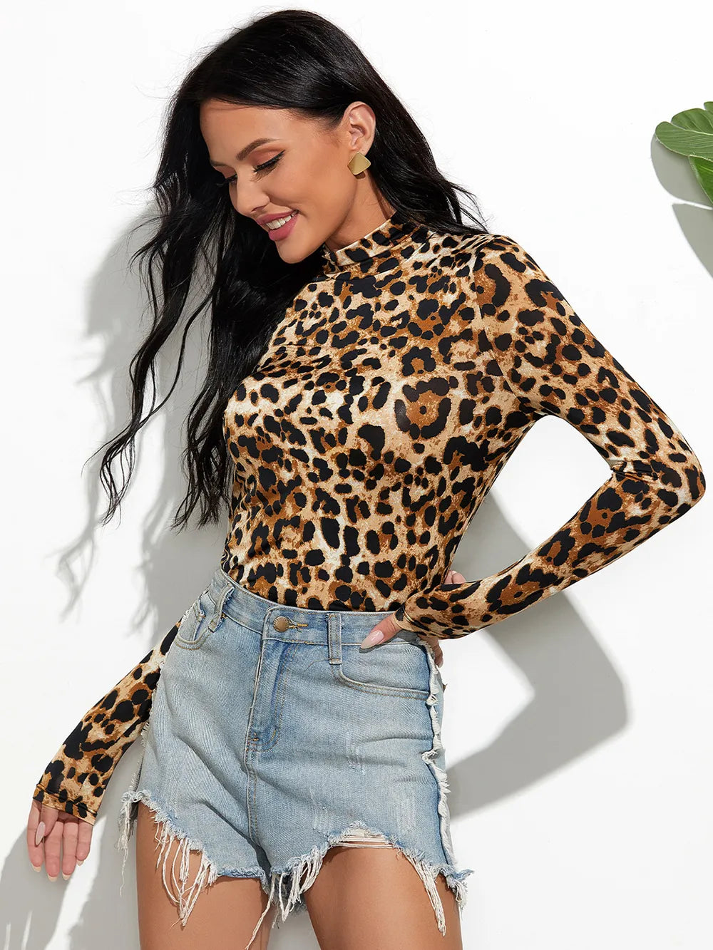 Leopard Mock Neck Long Sleeve T-Shirt nicholesgifts