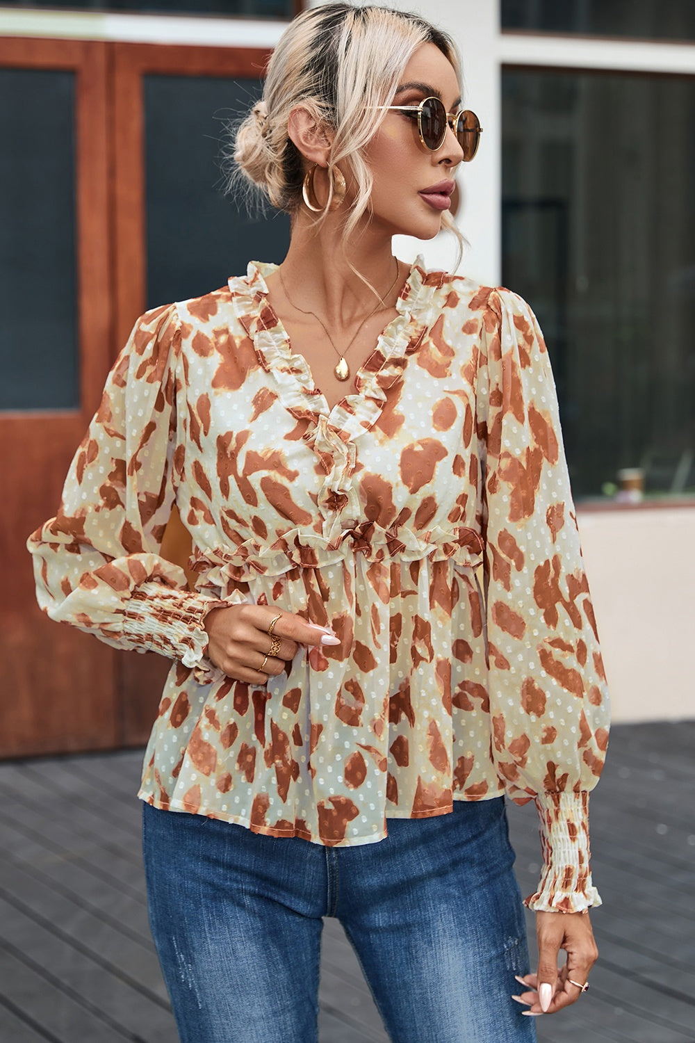 Frill Printed V-Neck Lantern Sleeve Blouse nicholesgifts