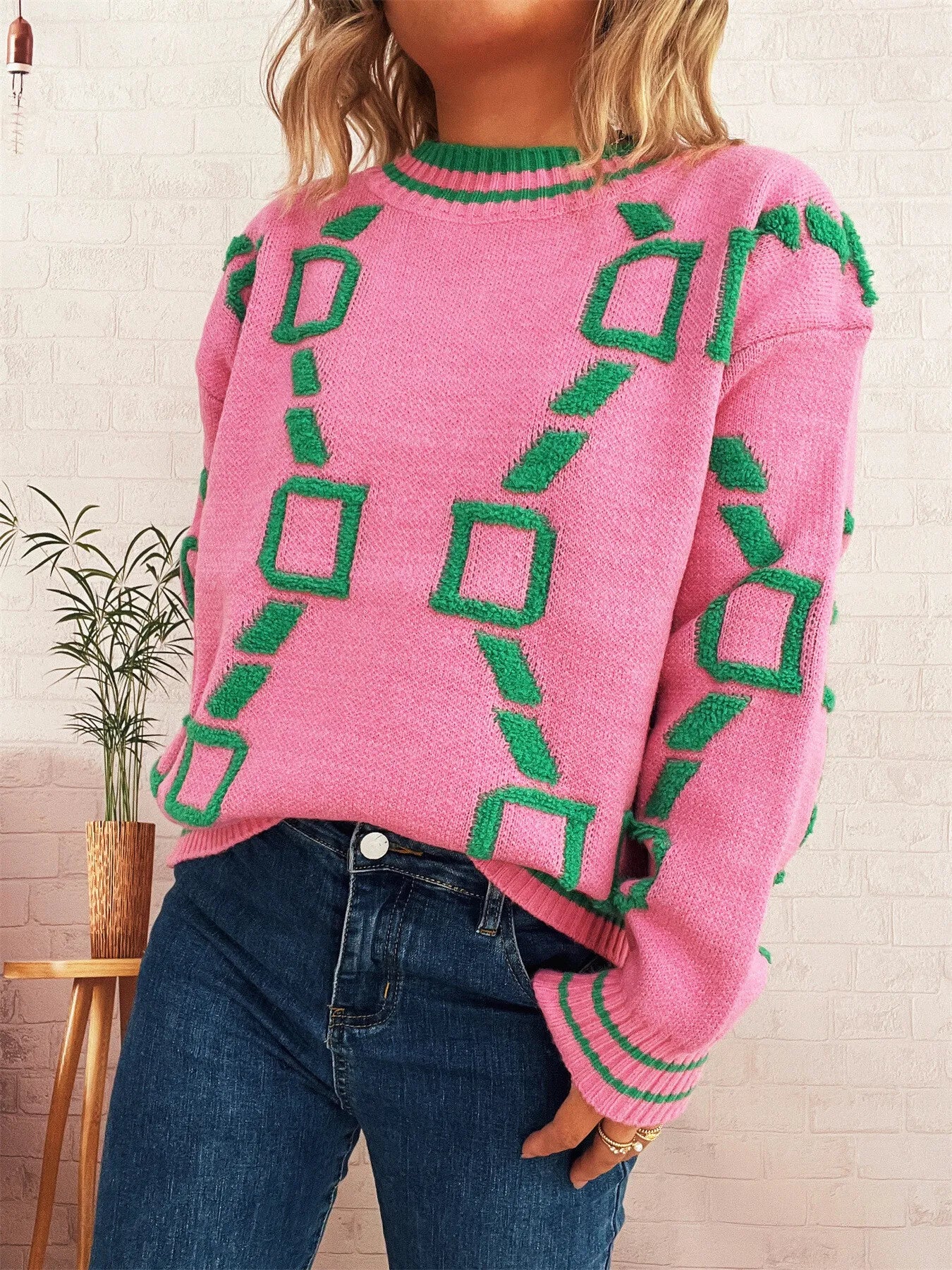 Contrast Round Neck Long Sleeve Sweater