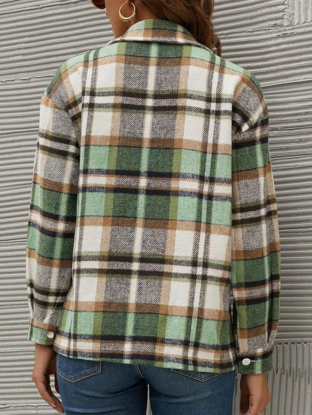 Plaid Collared Neck Long Sleeve Jacket Trendsi