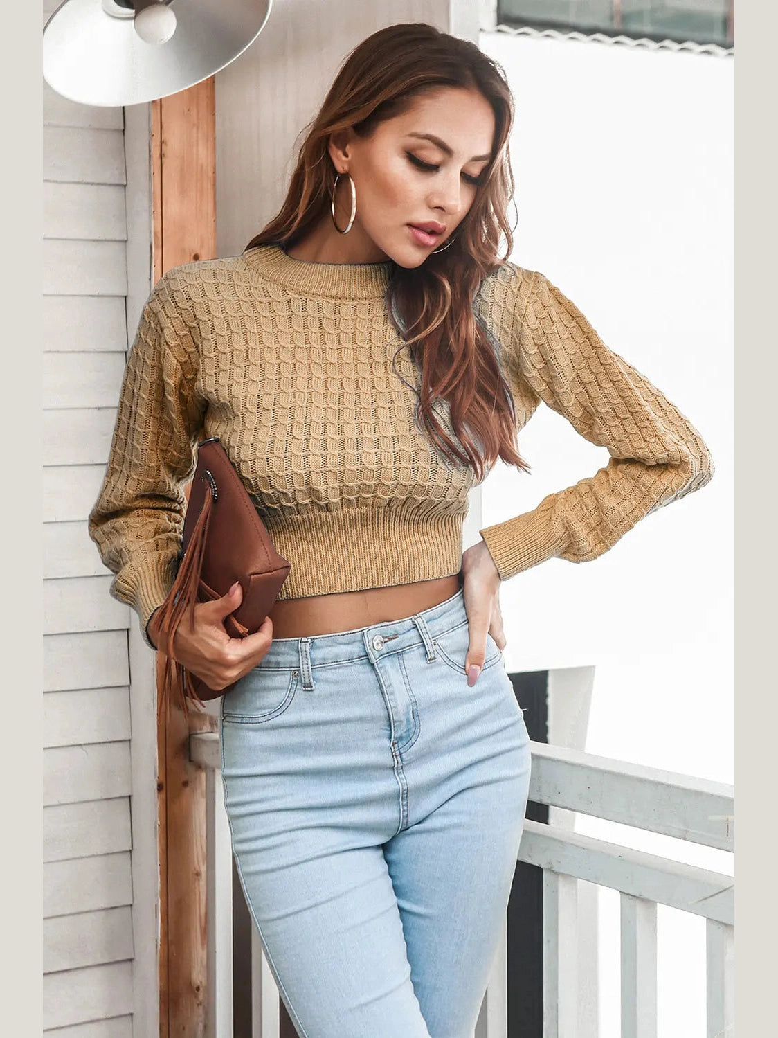 Round Neck Long Sleeve Cropped Sweater Trendsi