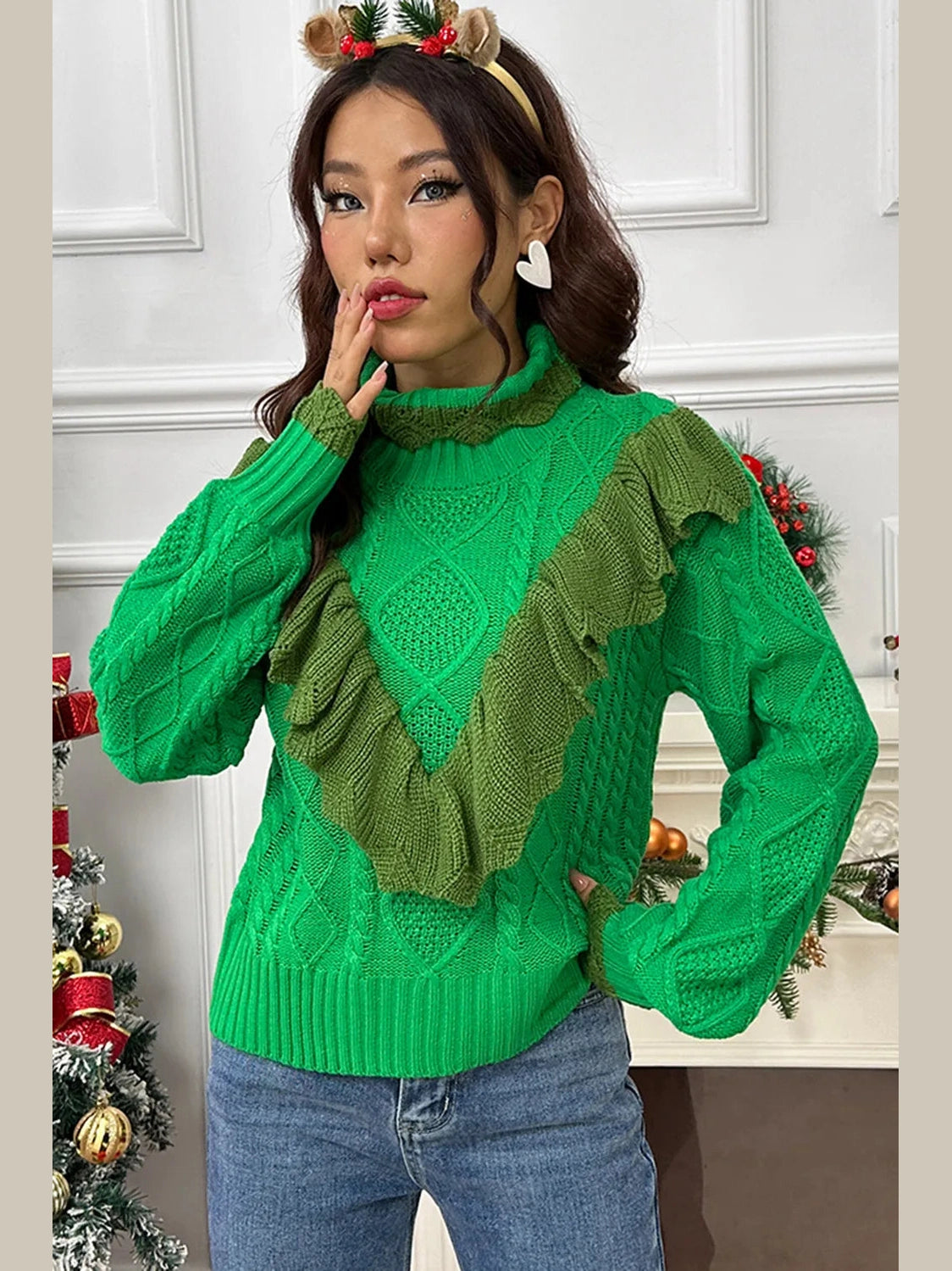 Cable-Knit Ruffled Mock Neck Lantern Sleeve Sweater Trendsi