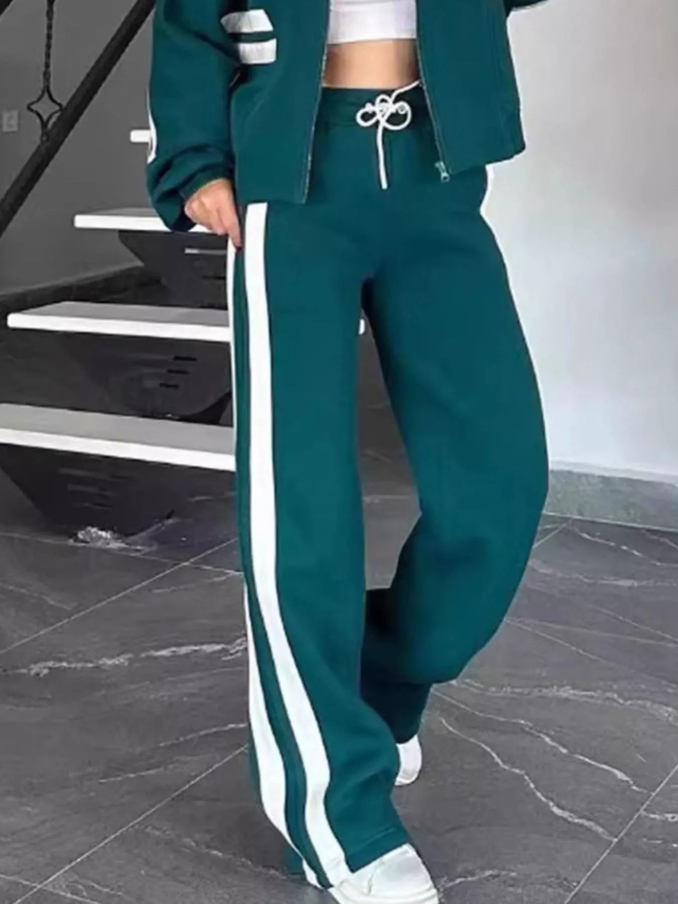 Full Size Contrast Stripe Zip Up Jacket and Pants Set Plus Size nicholesgifts