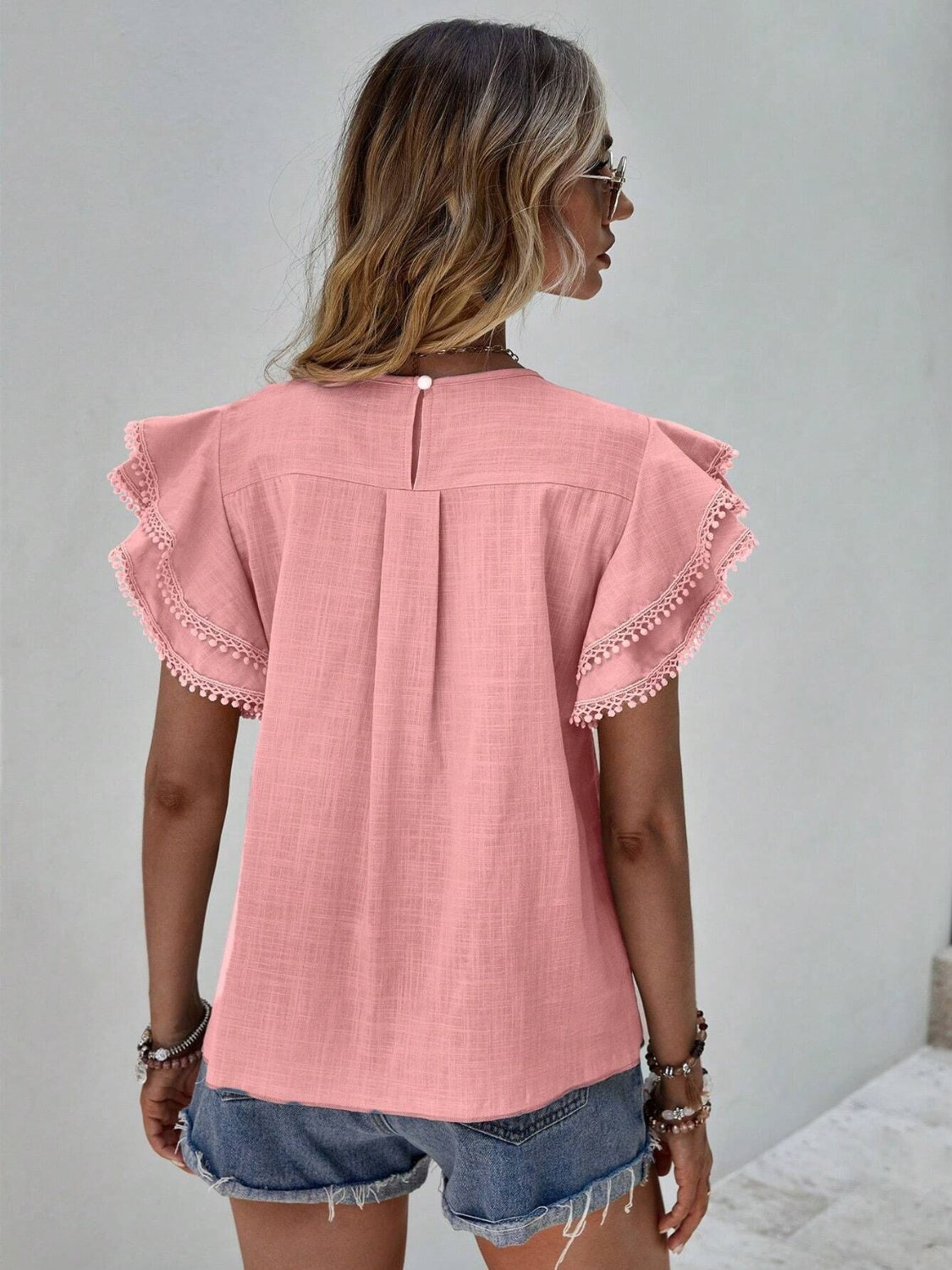 Ruffled Cap Sleeve Round Neck Blouse nicholesgifts