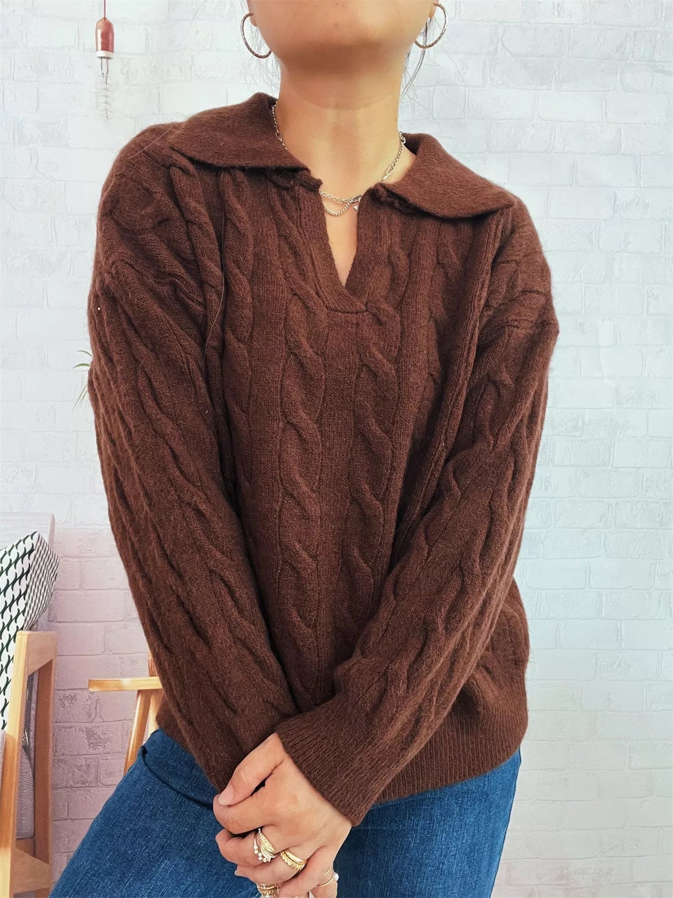 Cable Knit Johnny Collar Sweater