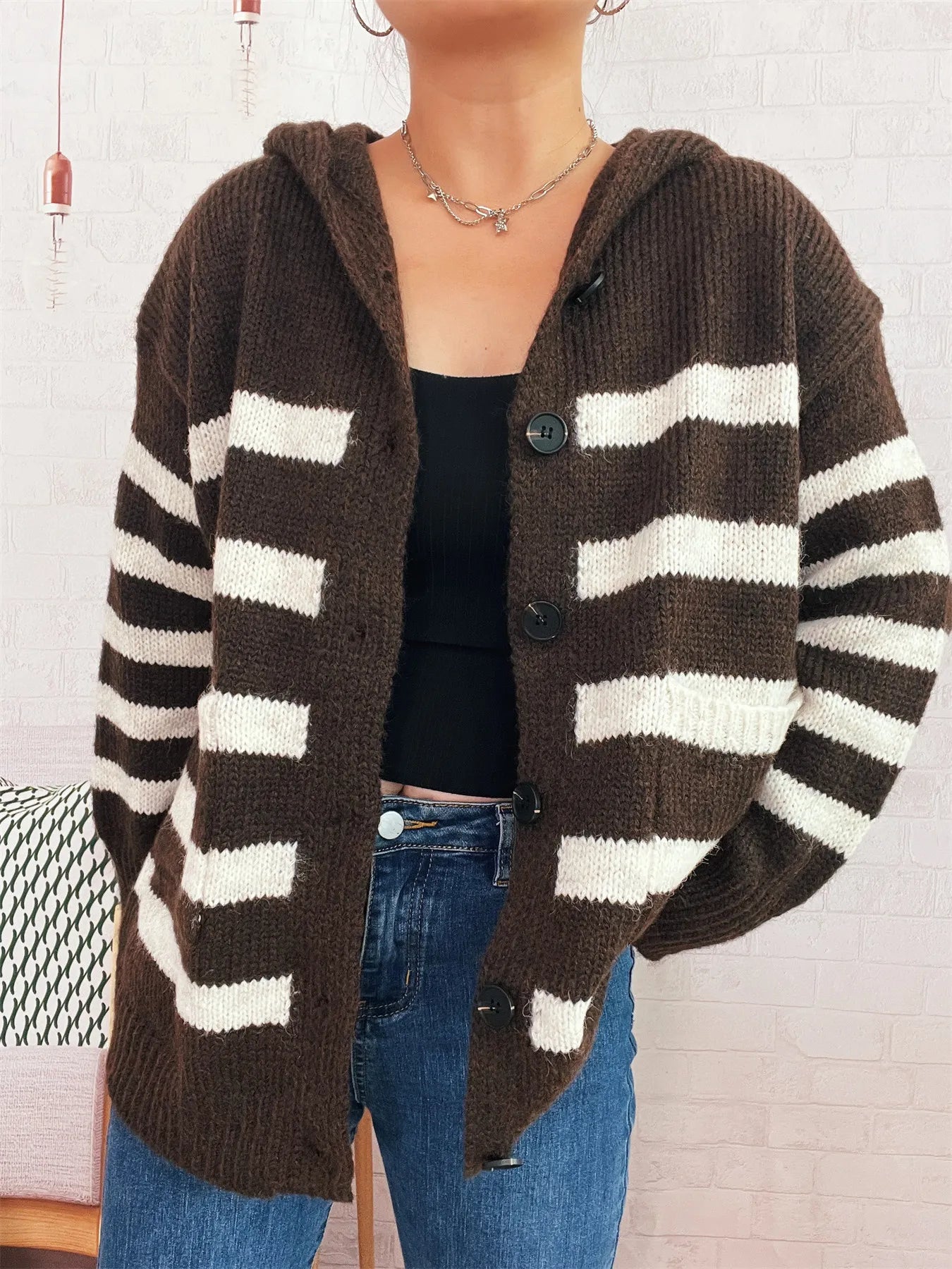 Striped Button-Up Hooded Cardigan