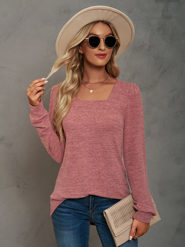 Women Heathered Square Neck Long Sleeve T-Shirt nicholesgifts