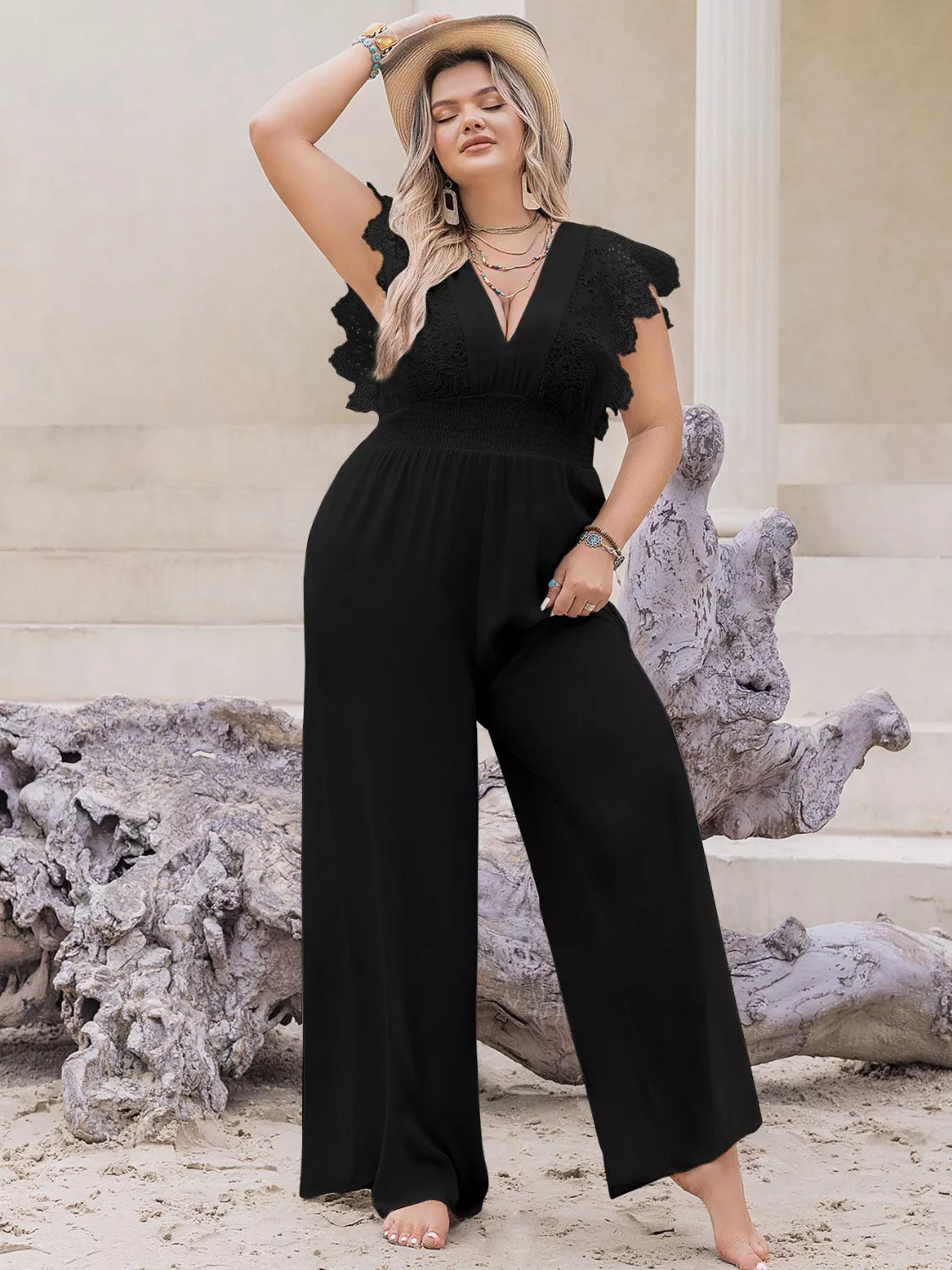 Plus Size Lace Cap Sleeve Wide Leg Jumpsuit nicholesgifts