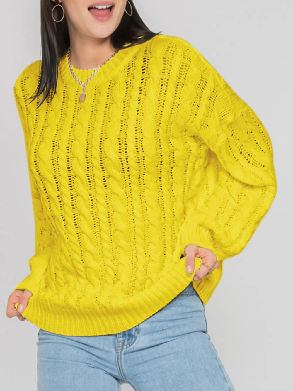 Openwork Round Sleeve Cable-Knit Sweater Trendsi