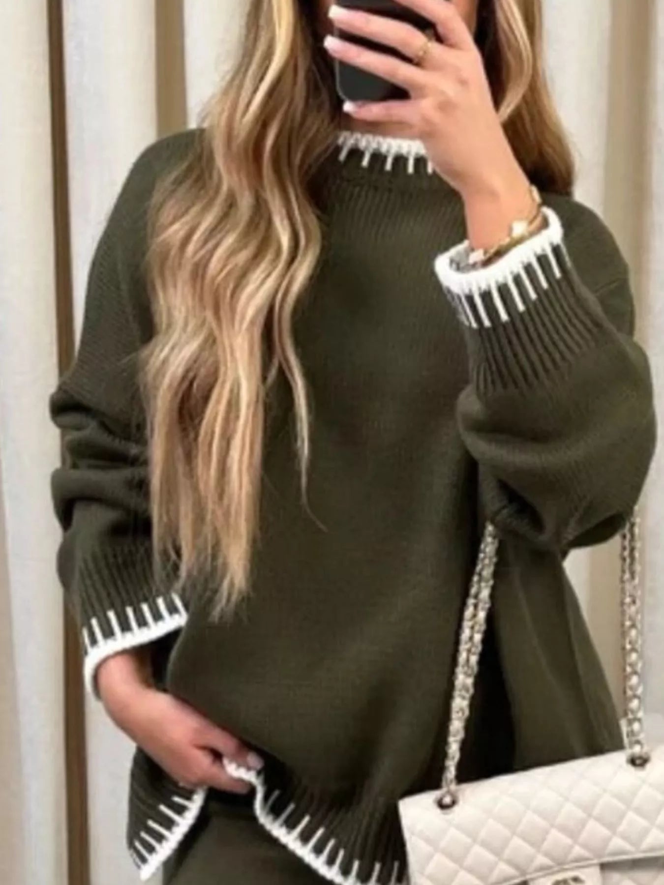 Contrast Trim Round Neck Top and Pants Sweater Set nicholesgifts