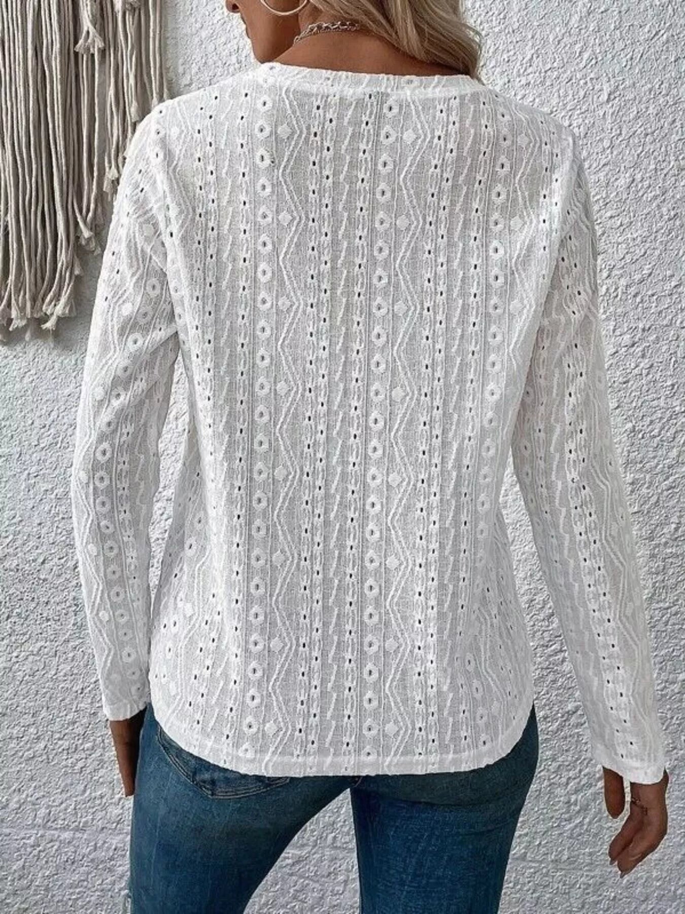 Full Size Eyelet Round Neck Long Sleeve Blouse Plus Size Trendsi