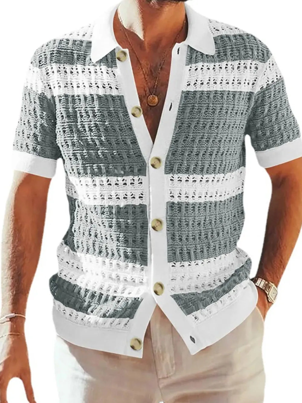Men's Button Down Collared Neck Contrast Openwork Shirt NicholesGifts