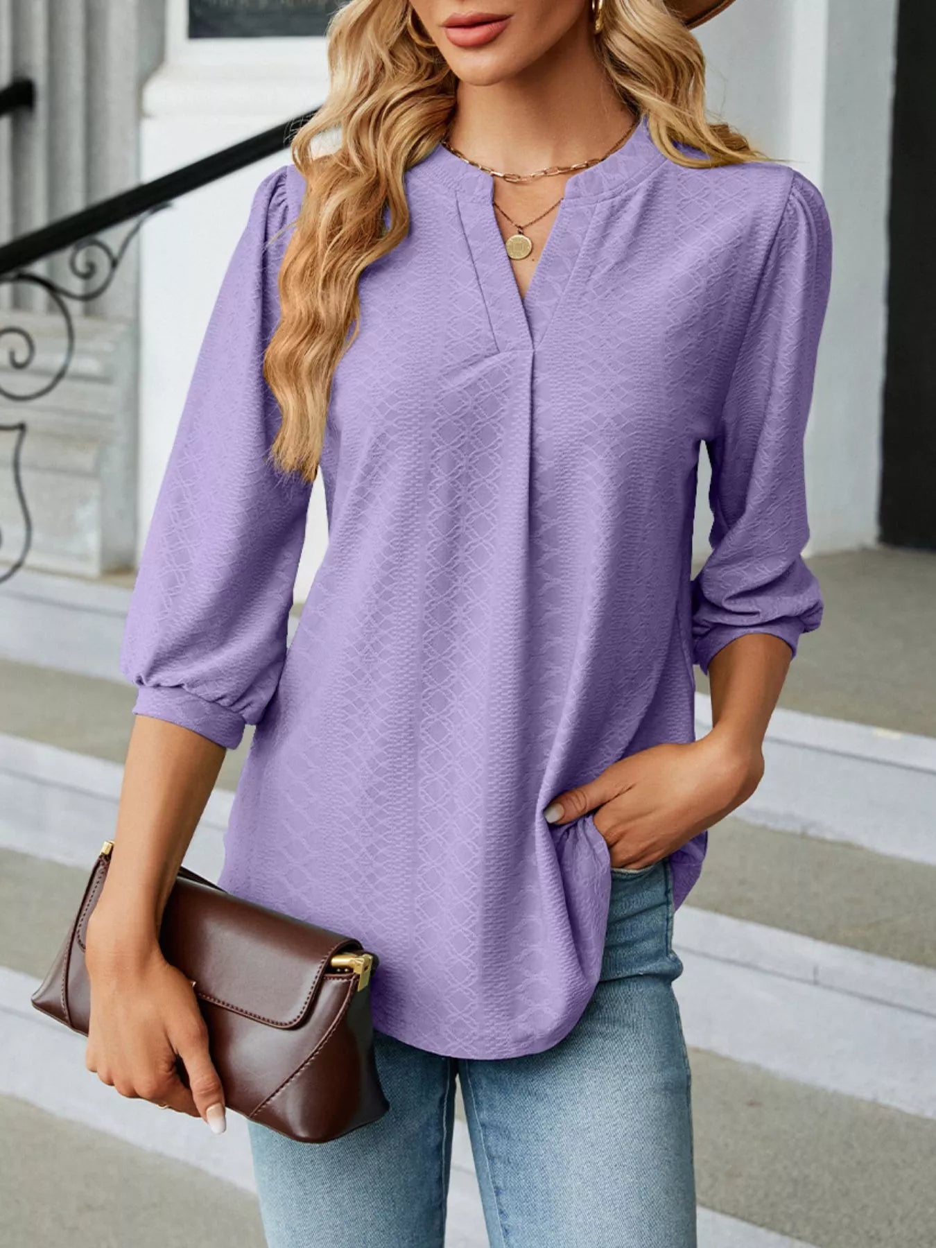 Notched 3/4 Sleeve Casual Top Trendsi