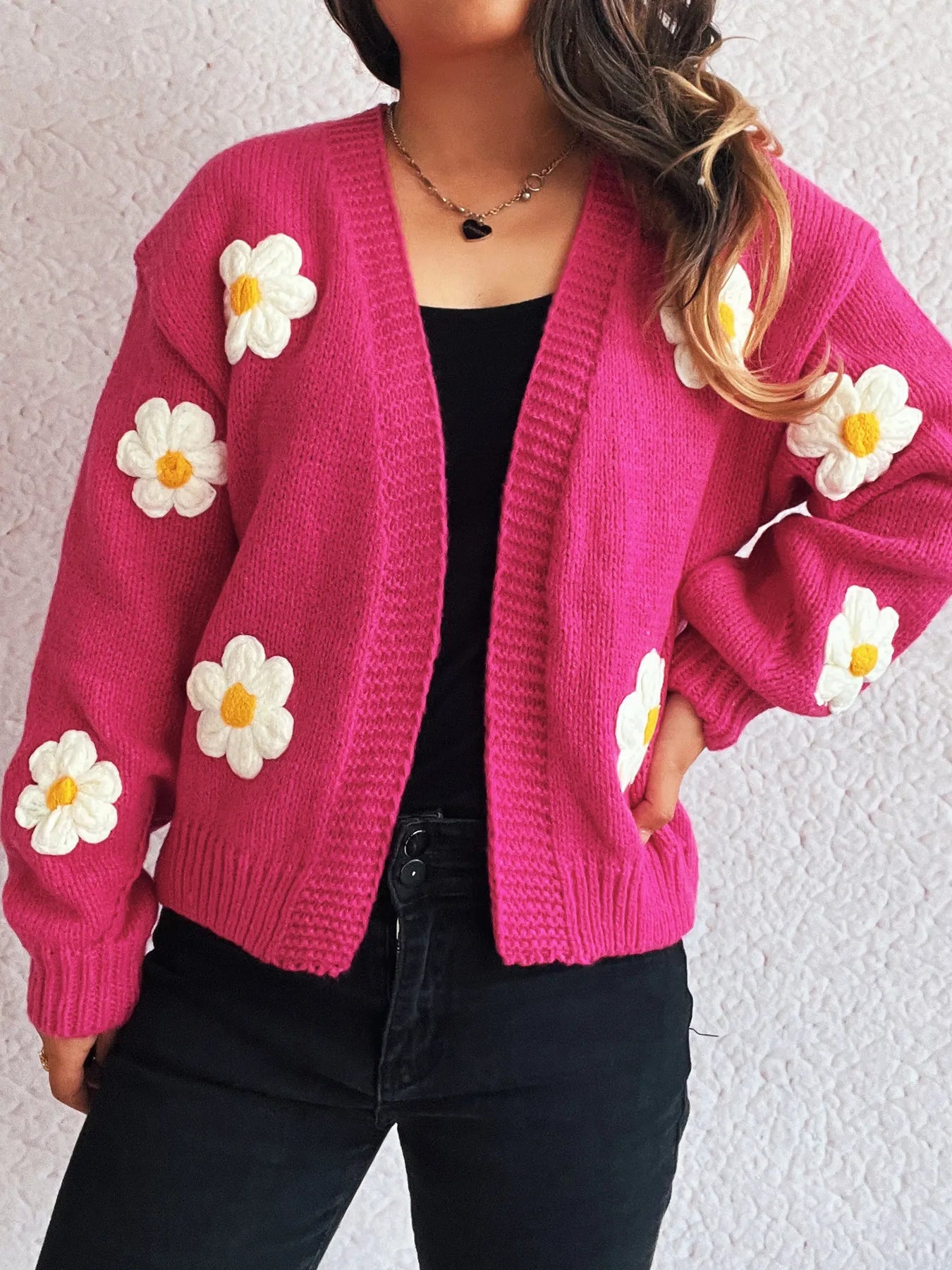Flower Open Front Long Sleeve Cardigan