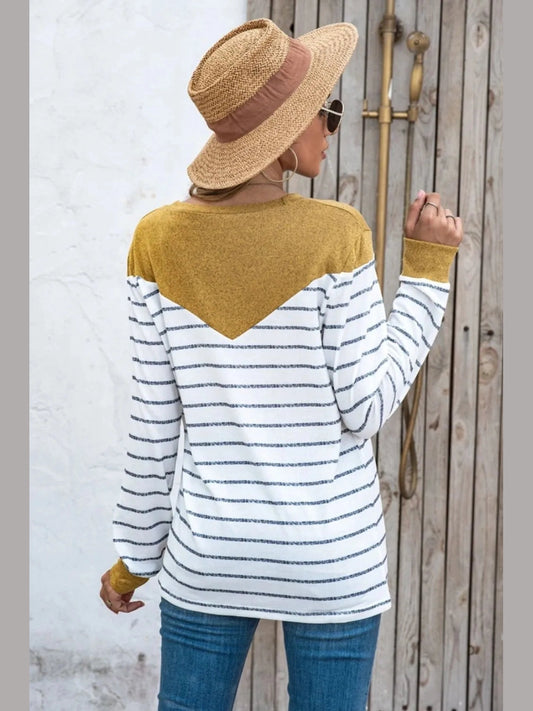 Striped Round Neck Long Sleeve T-Shirt nicholesgifts