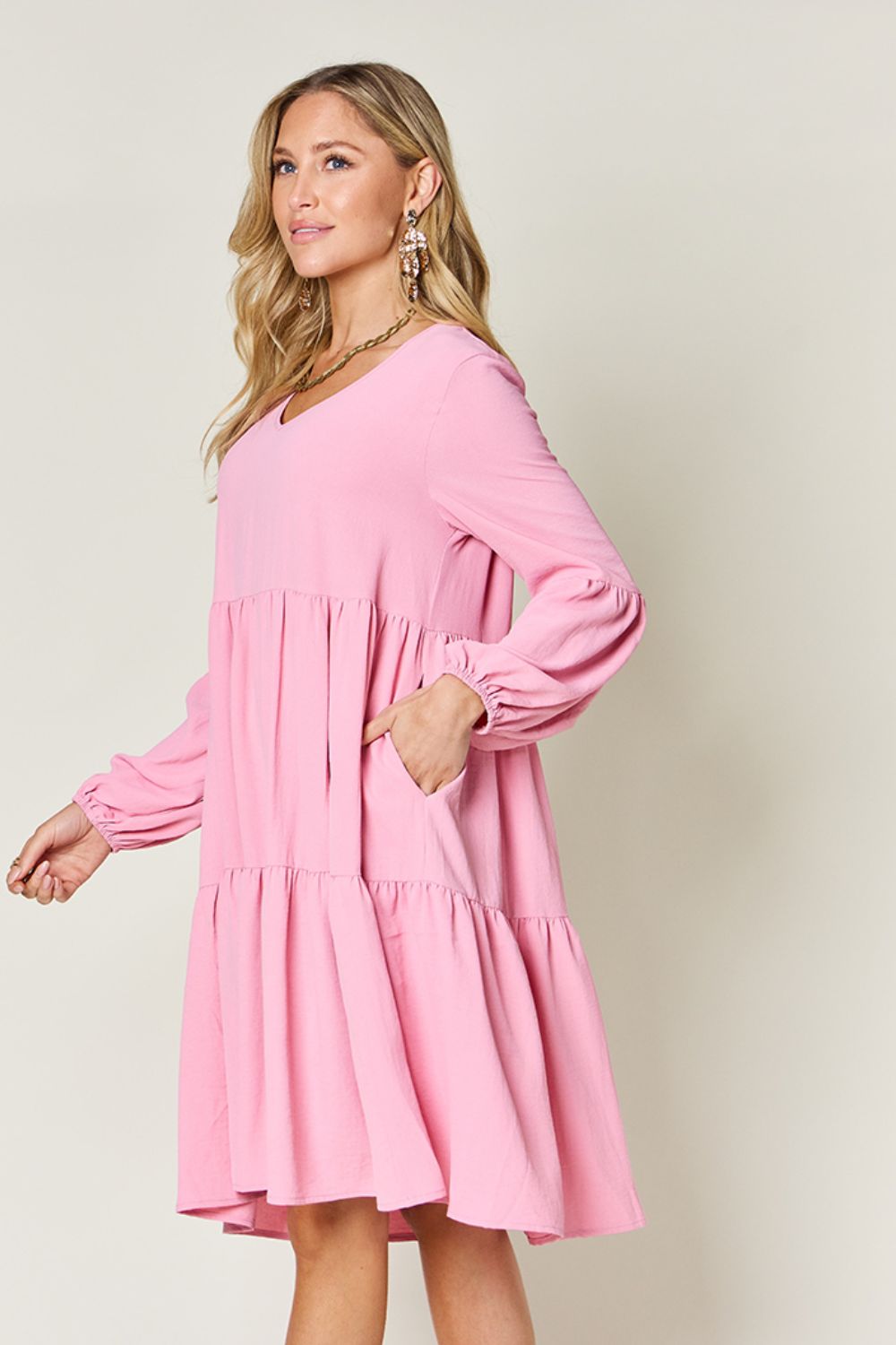 Double Take Full Size V-Neck Balloon Sleeve Tiered Dress nicholesgifts