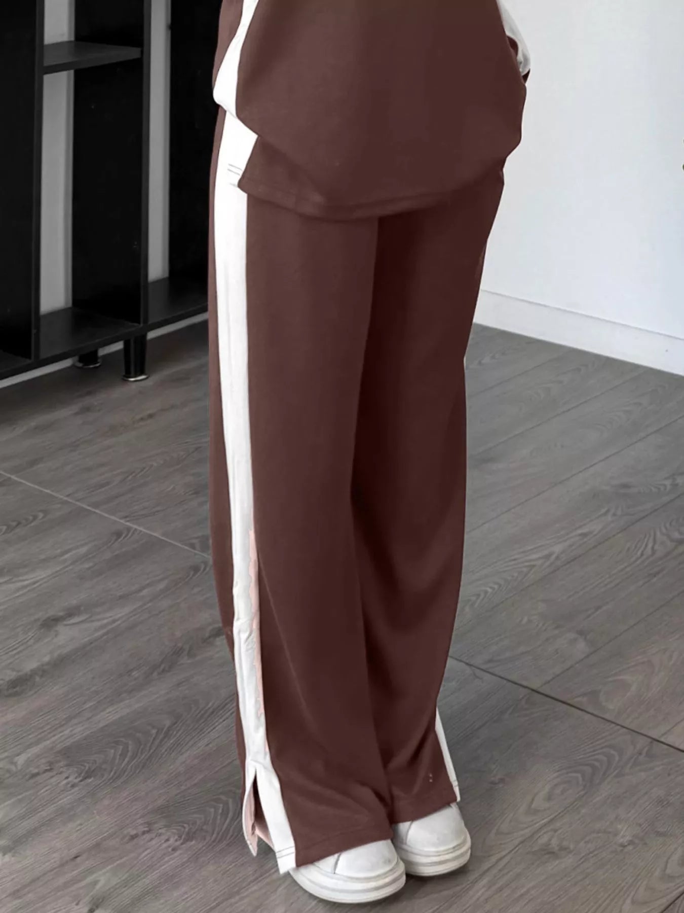 Full Size Contrast Round Neck Top and Pants Set Plus Size nicholesgifts