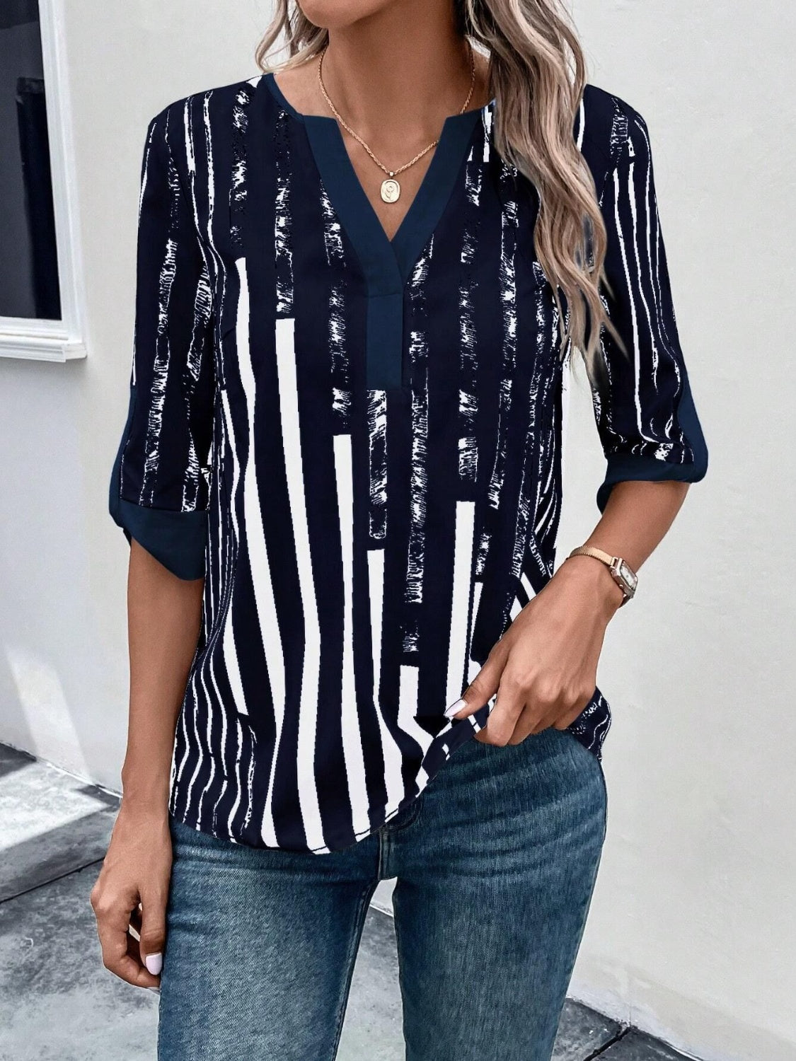 Striped Notched Half Sleeve Blouse nicholesgifts