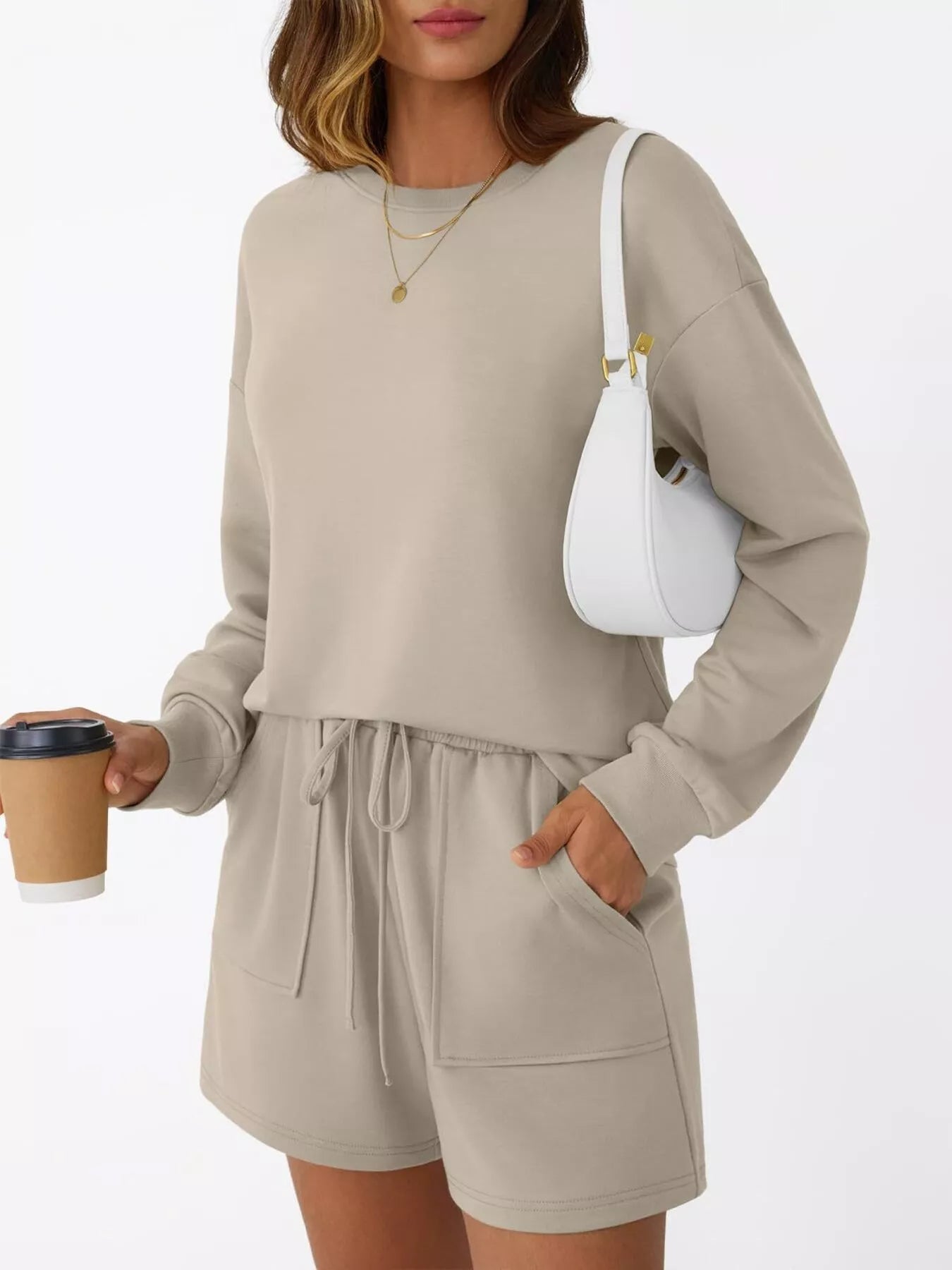 Round Neck Long Sleeve Top and Shorts Set Trendsi