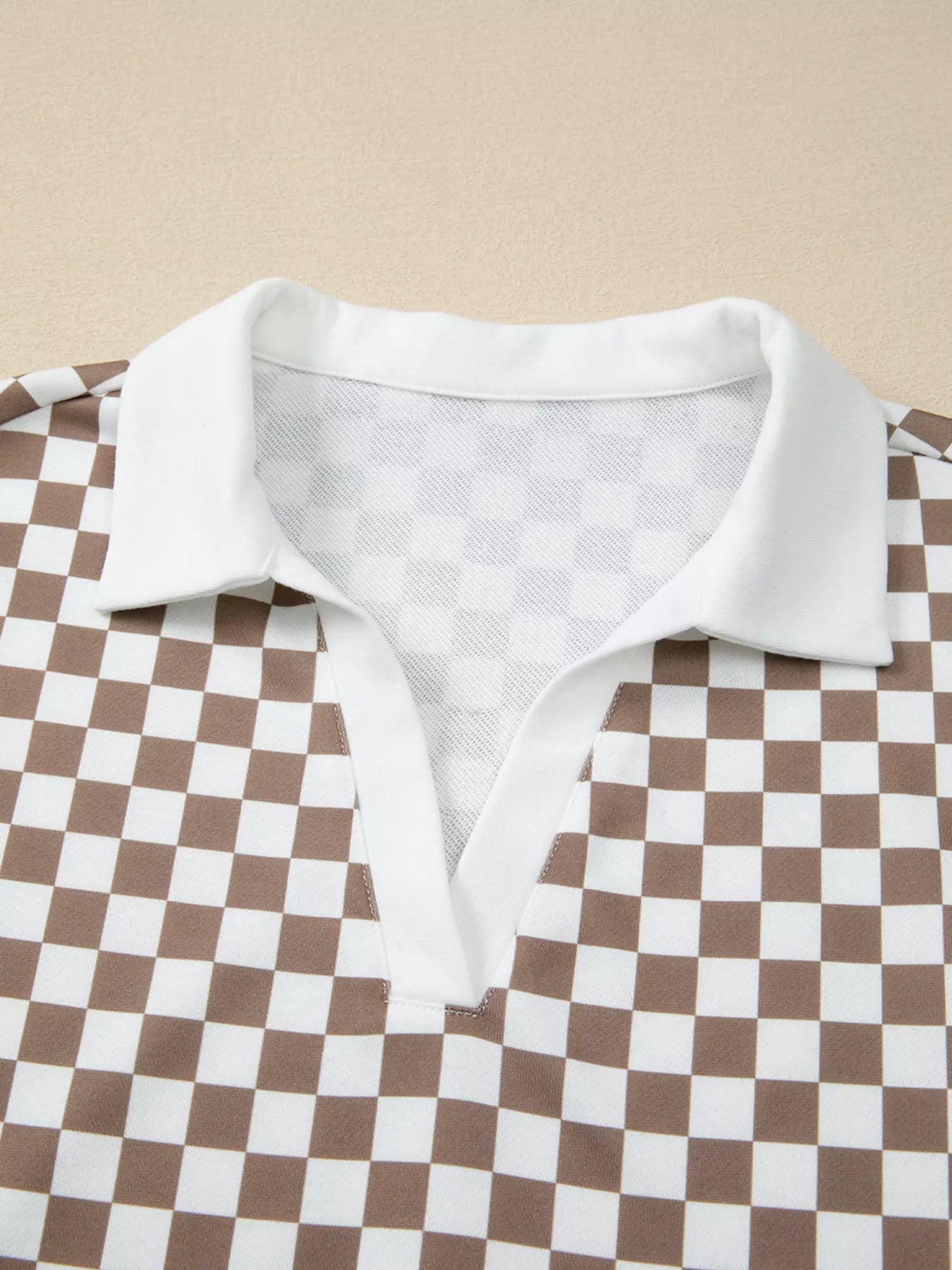 Checkered Print Polo Collar Cropped Long Sleeve Top and Drawstring Mini Skirt Set Trendsi