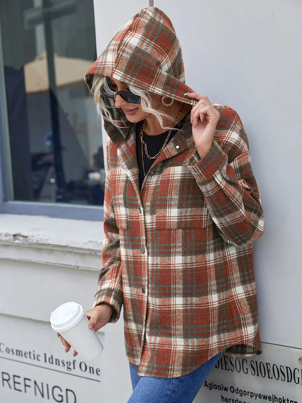 Ivy Lane Plaid Button Up Long Sleeve Hooded Jacket nicholesgifts