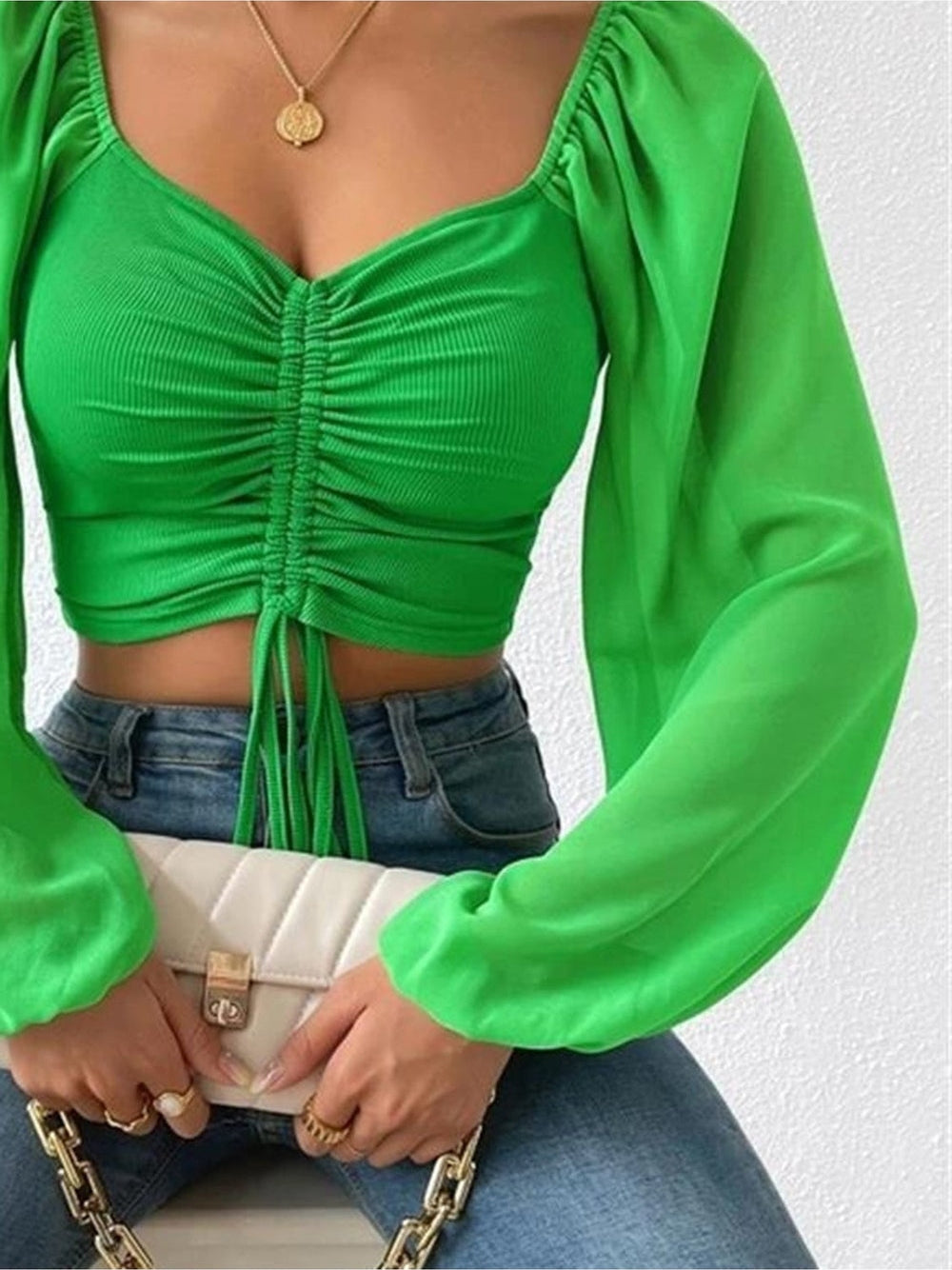 Women Drawstring Sweetheart Neck Cropped Top nicholesgifts