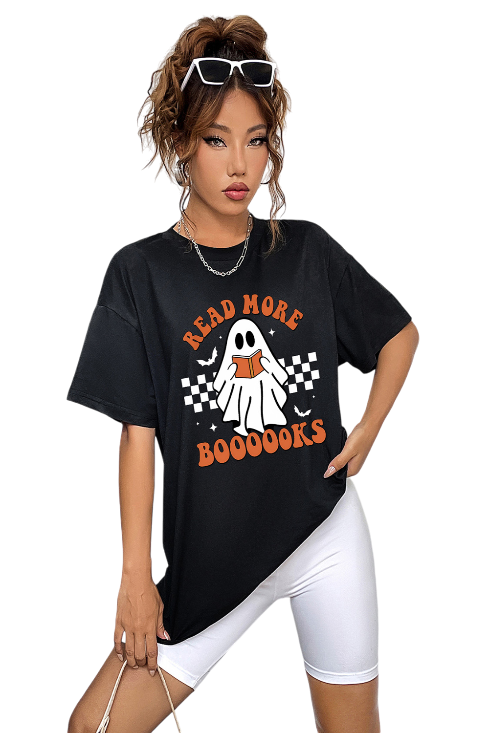 Women Read More Books Round Neck Short Sleeve Ghost Graphic T-Shirt NicholesGifts