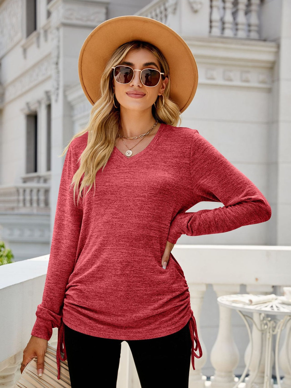 Women Drawstring V-Neck Long Sleeve T-Shirt nicholesgifts