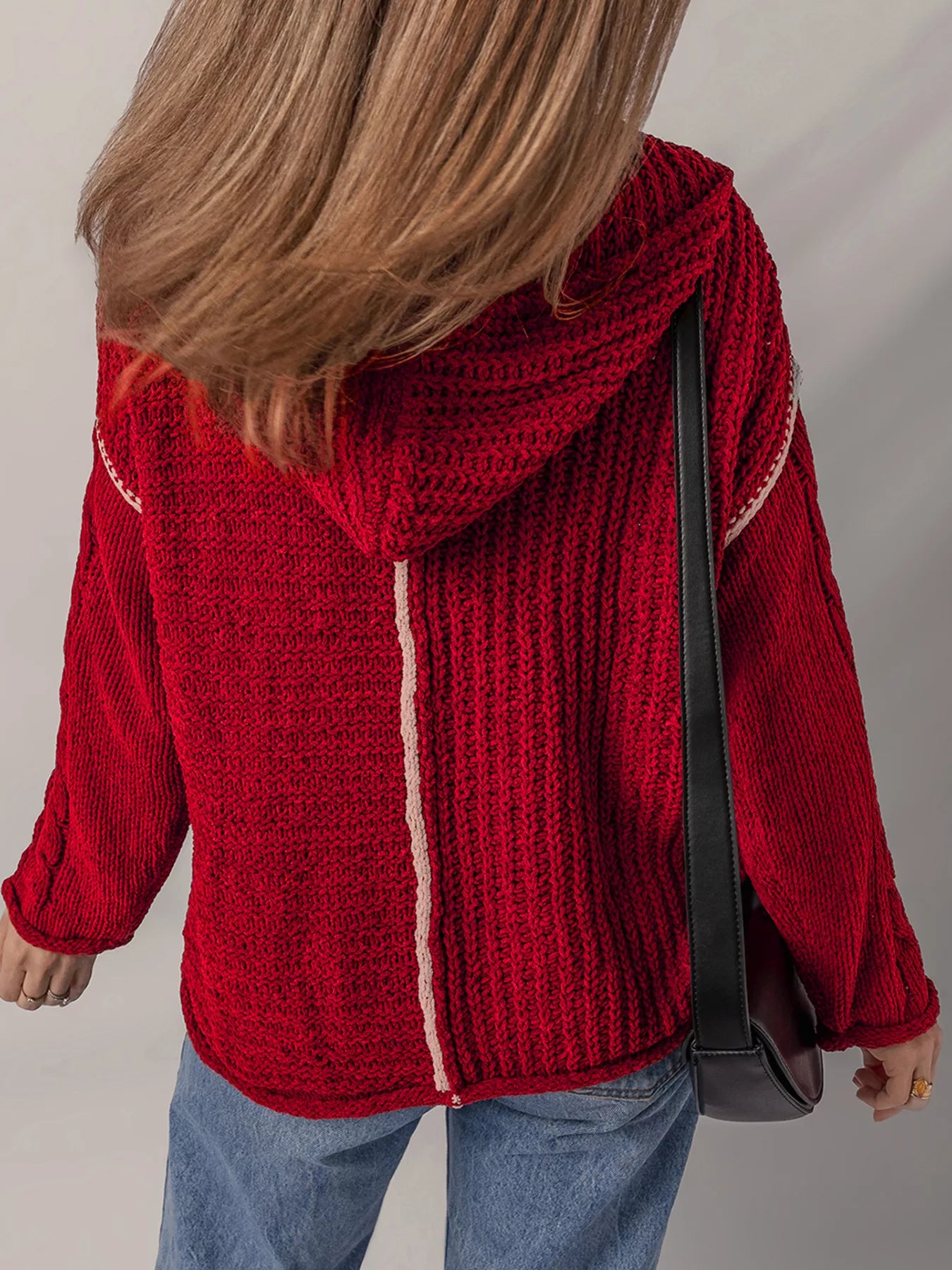 Contrast Trim Textured Knit Drawstring Hooded Sweater