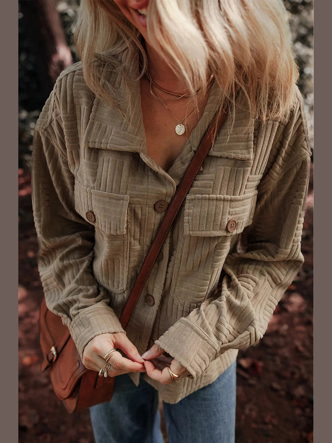 Textured Pocketed Collared Neck Long Sleeve Shacket Trendsi