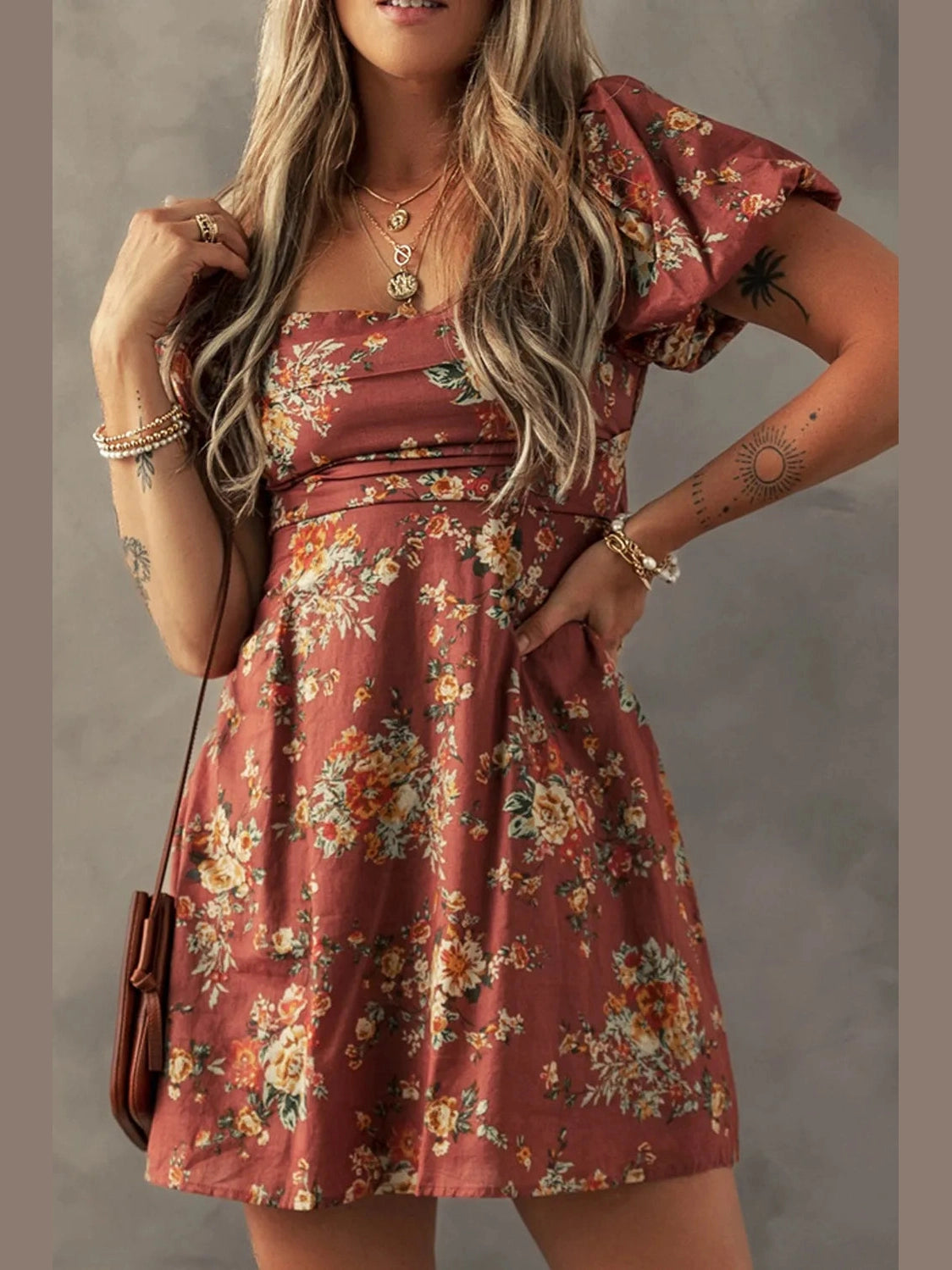 Floral Puff Sleeve Square Neck Knot Open Back Mini Dress NicholesGifts