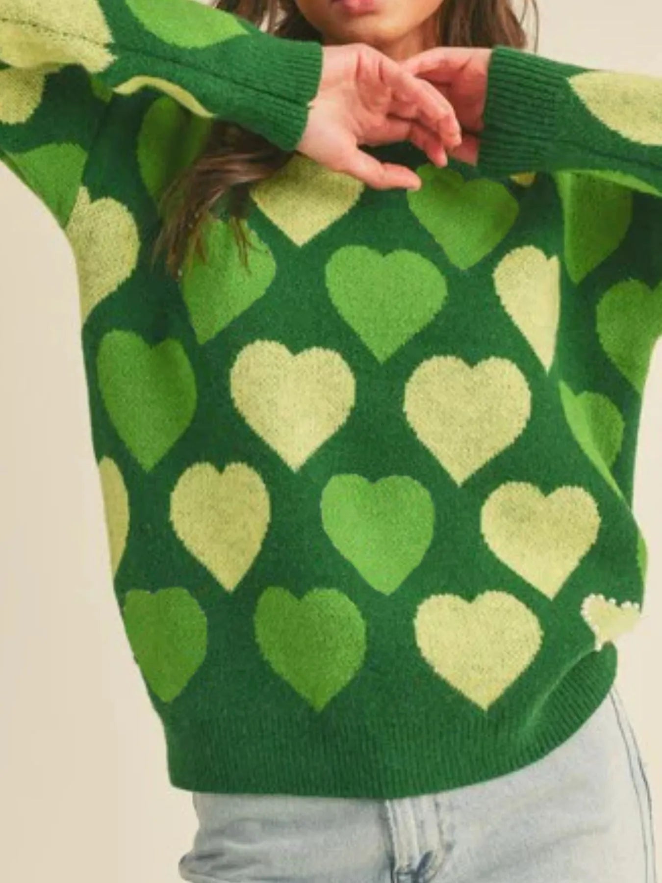 Women Heart Ribbed Hem Long Sleeve Sweater For Valentine's Day Gift For Her nicholesgifts