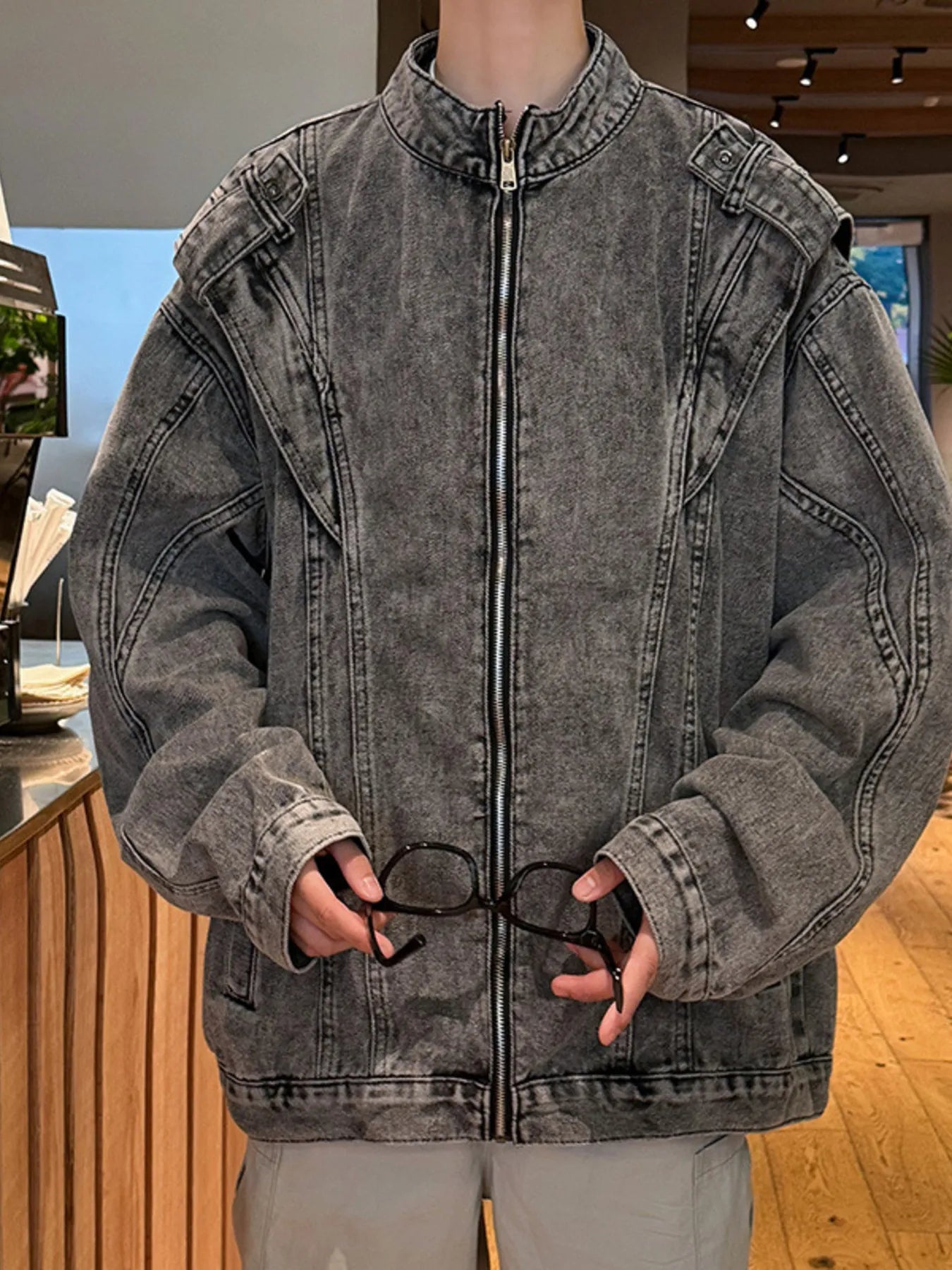 Men's Plus Size Zip Up Long Sleeve Denim Jacket Trendsi