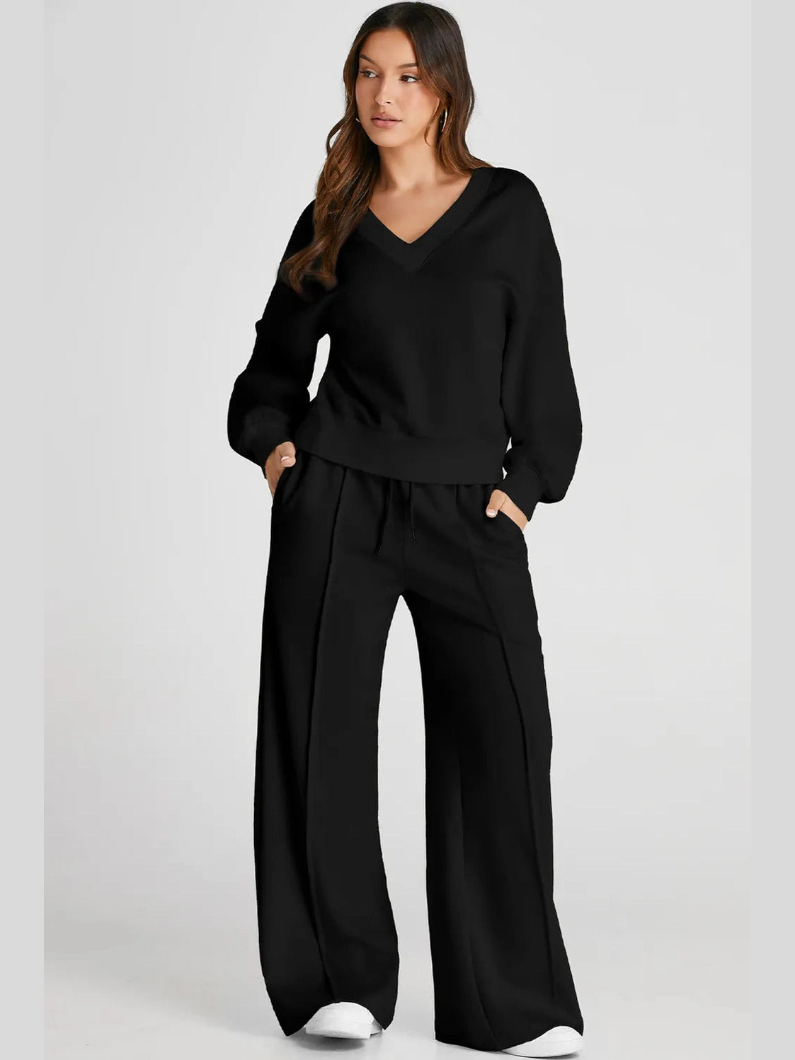 V-Neck Long Sleeve Top and Pants Active Set nicholesgifts