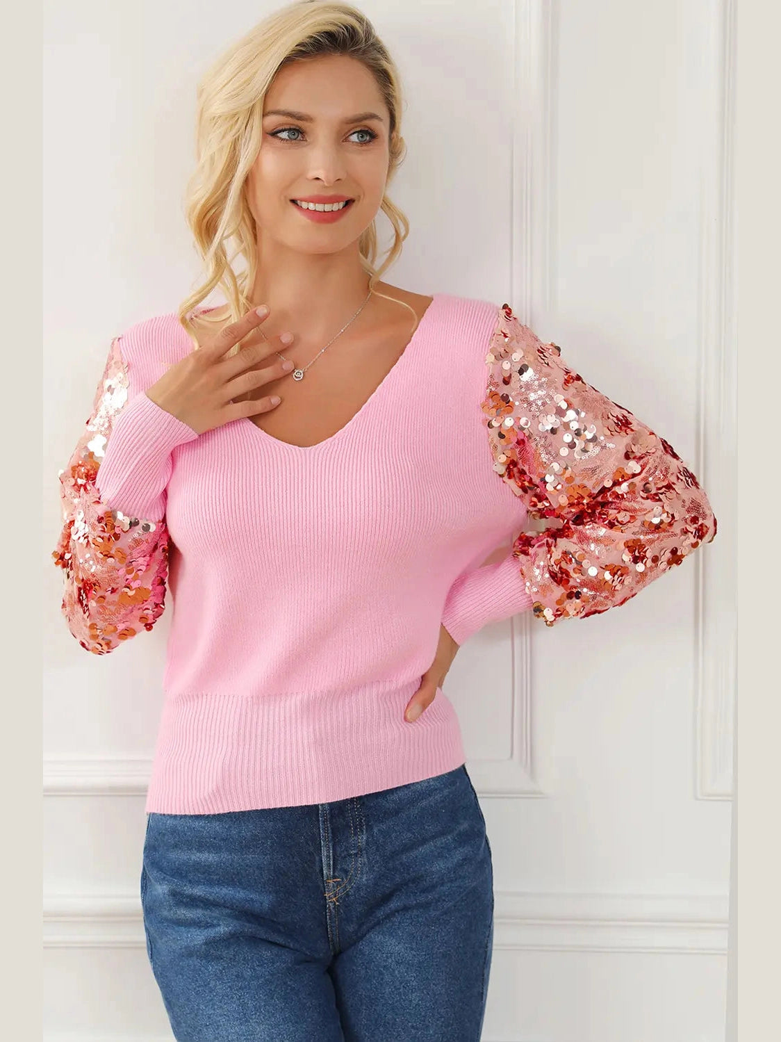 Sequin Long Sleeve V-Neck Sweater Trendsi