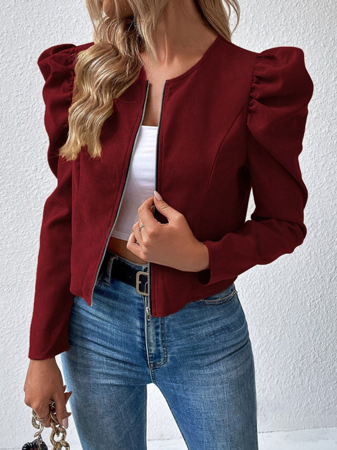 Zip Up Puff Sleeve Jacket nicholesgifts