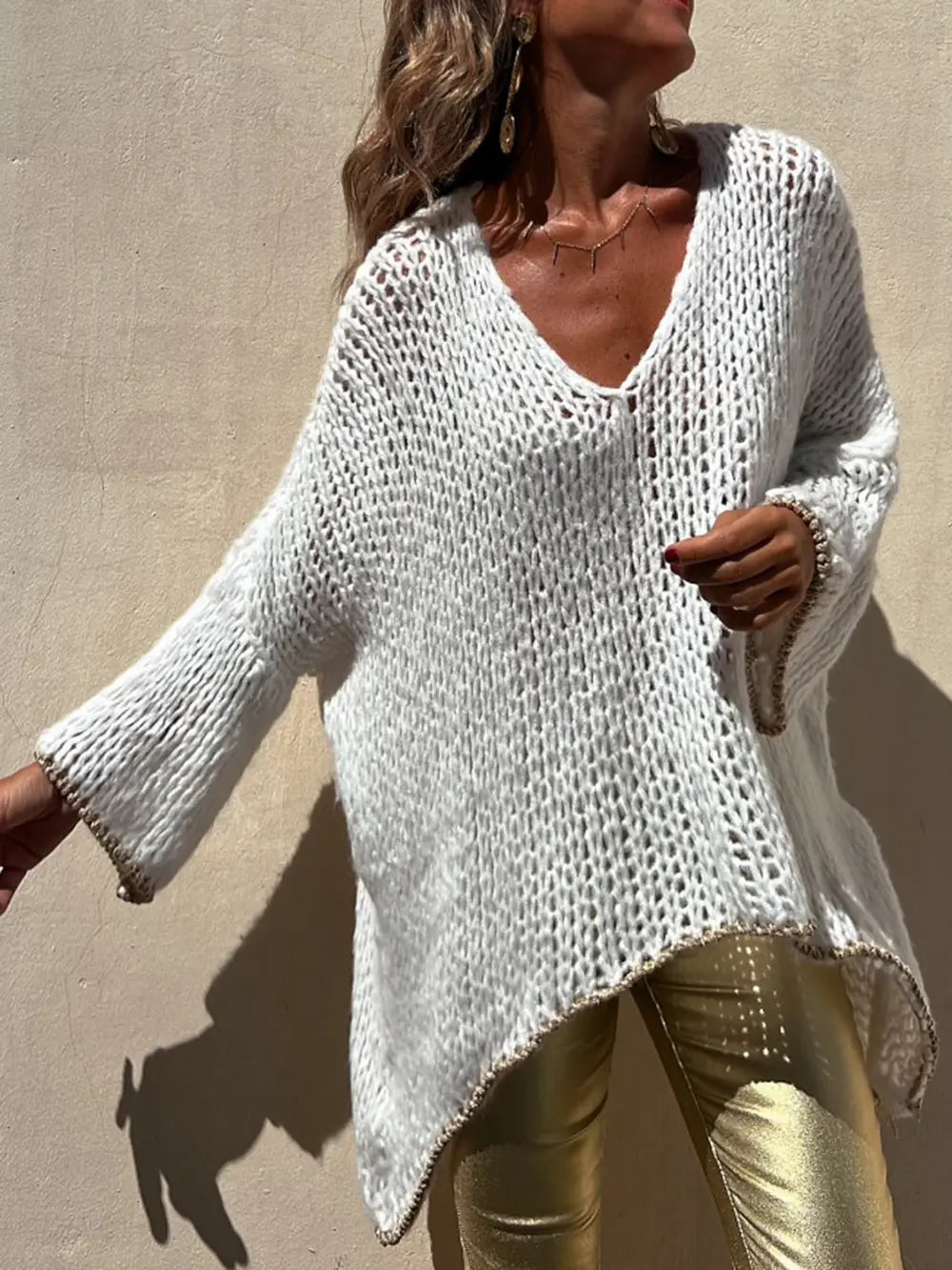 Contrast V-Neck Long Sleeve Sweater Trendsi