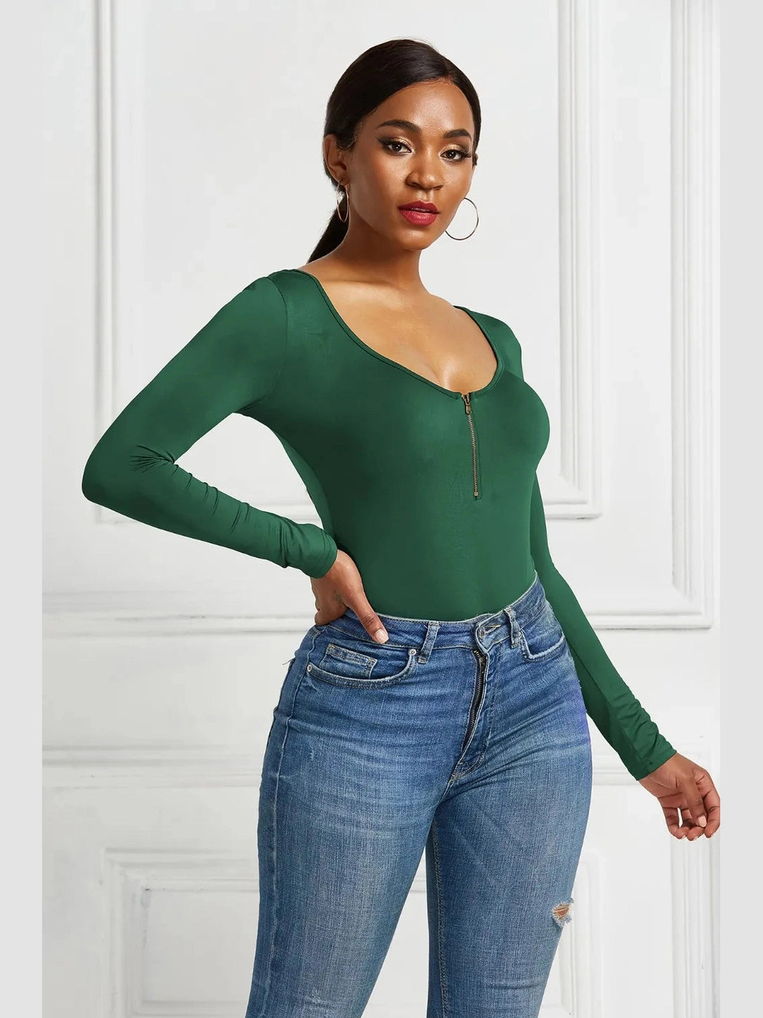Half Zip Scoop Neck Long Sleeve Bodysuit nicholesgifts