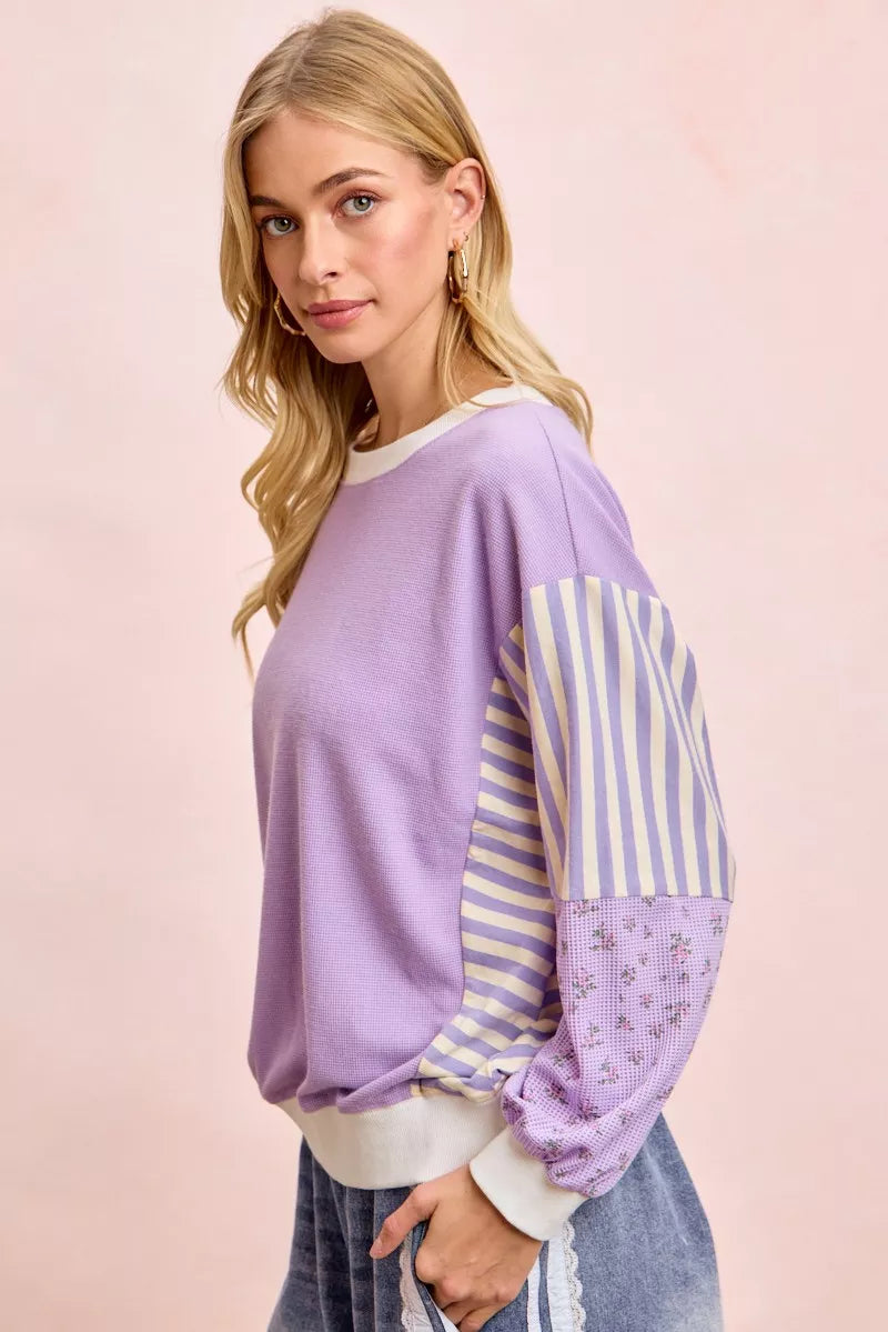 BiBi Mix and Match Sweatshirt with Floral Sleeve Striped Trendsi