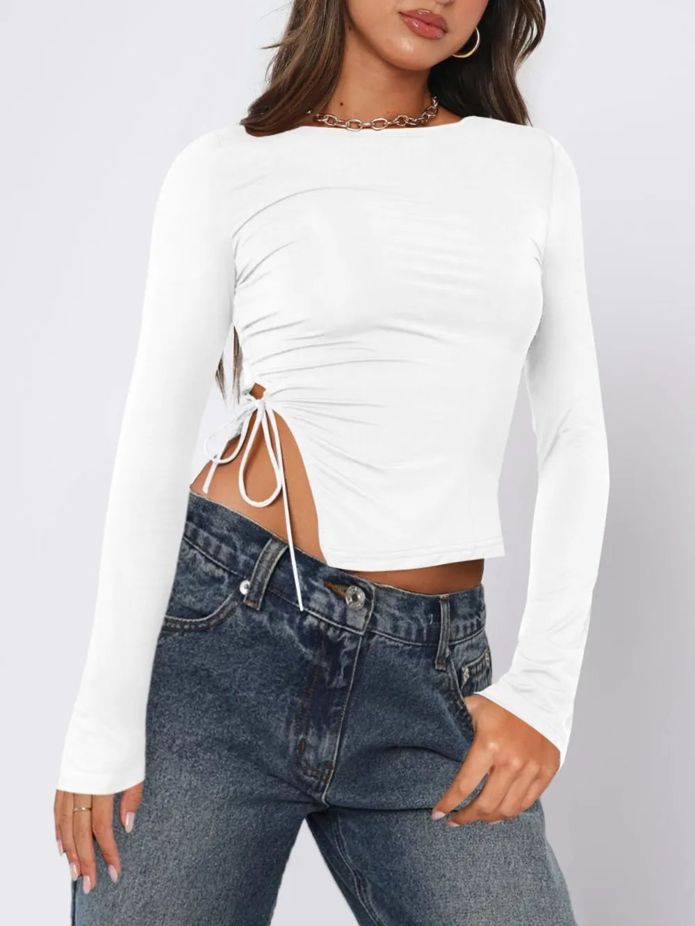 Tied Slit Round Neck Long Sleeve T-Shirt NicholesGifts